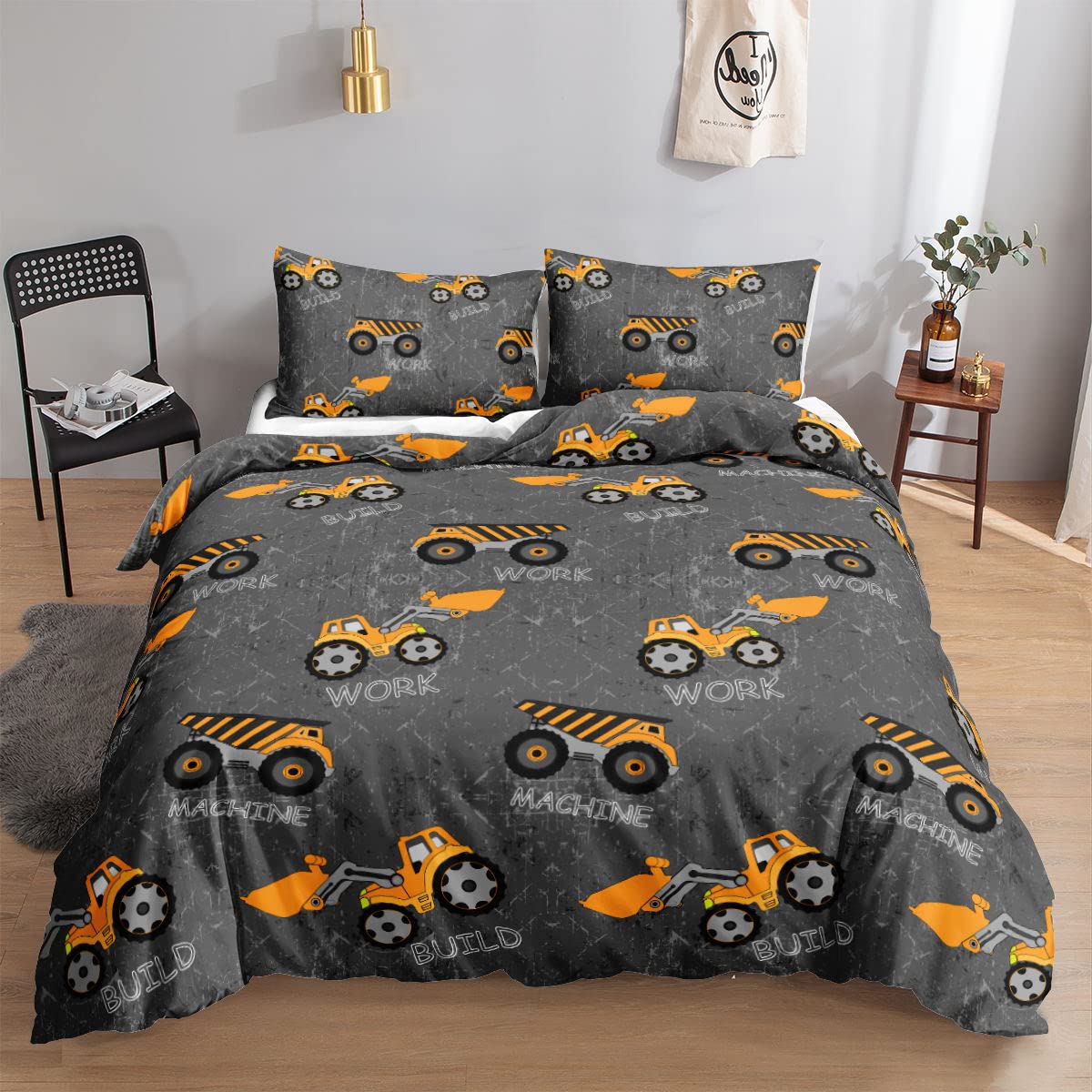Kids Construction Truck Duvet Cover Set Machinery Excavators Vehicles Tractor Cartoon Truck Printed Bedding Set with 2 Pillowcases for Boys,NO Comforter(A-Truck Brown Twin)