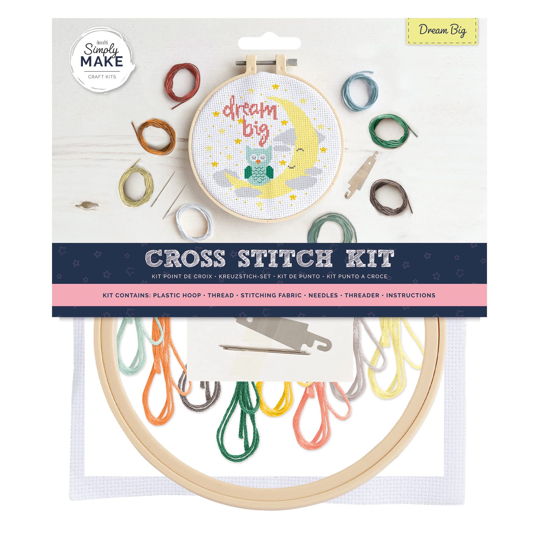 Simply Make Cross Stitch Kit, Dream Big Design for Kids and Adults Including Hoop, Embroidery Thread, Fabric and Needle