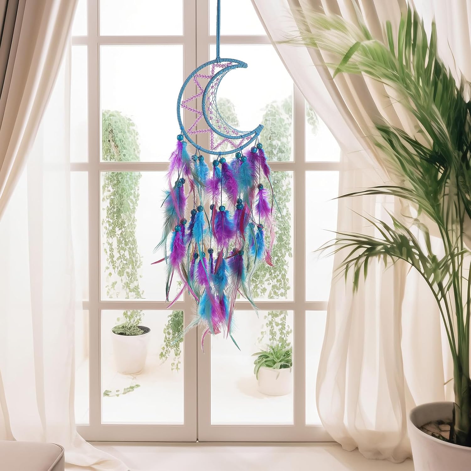 Holibanna Moon and Plume Dream Catcher Wall Hanging, Handmade Cotton Rope Macrame with Beads, Blue Purple Plume Pendant for Indoor and Outdoor Home Décor