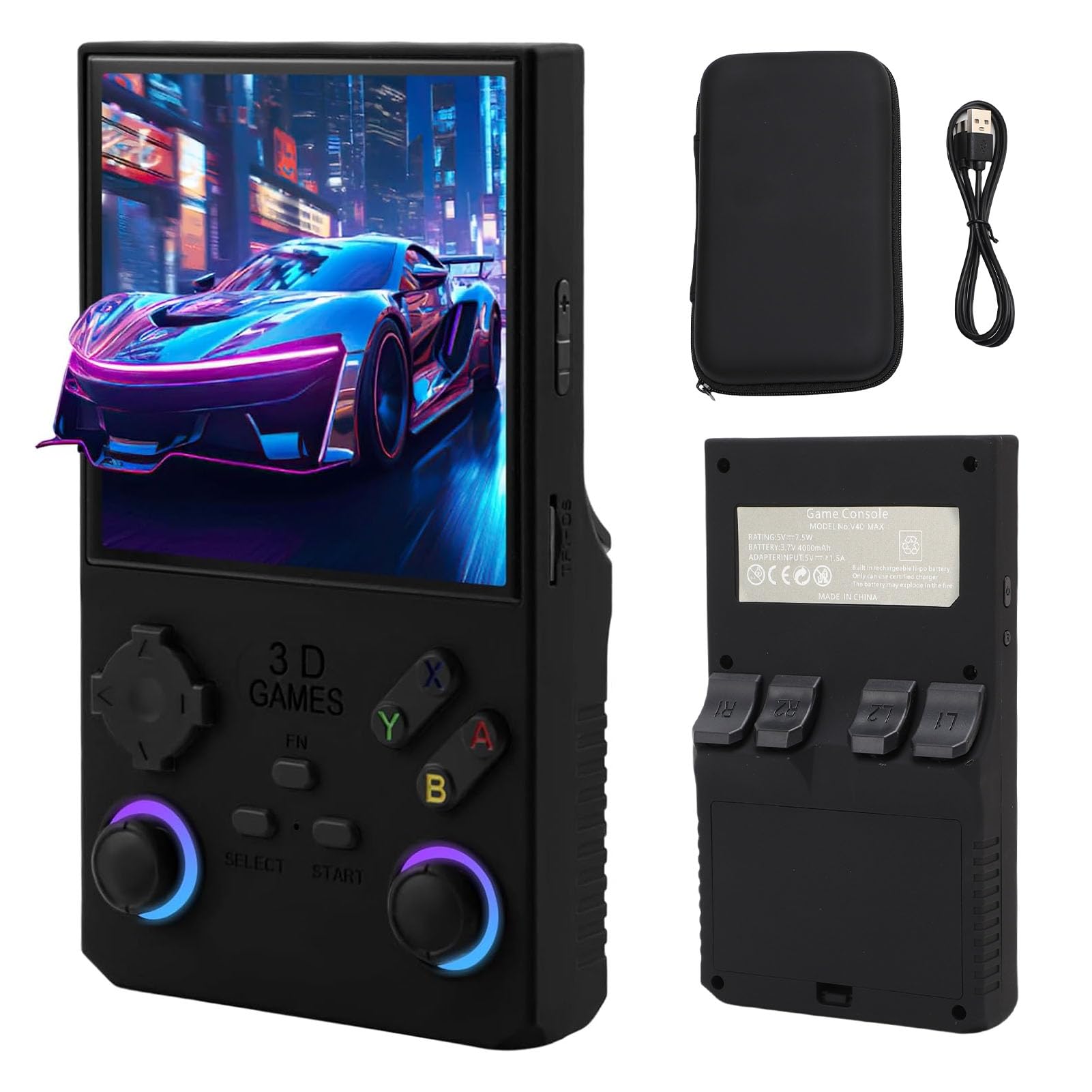 Console di Gioco retrò Portatile per con Memoria da 256 GB Console di Gioco Portatile da 4" per Adulti e Bambini Materiale: ABS Dimensioni: 4 Pollici, 720x720 per Giochi in Movimento (BLACK)