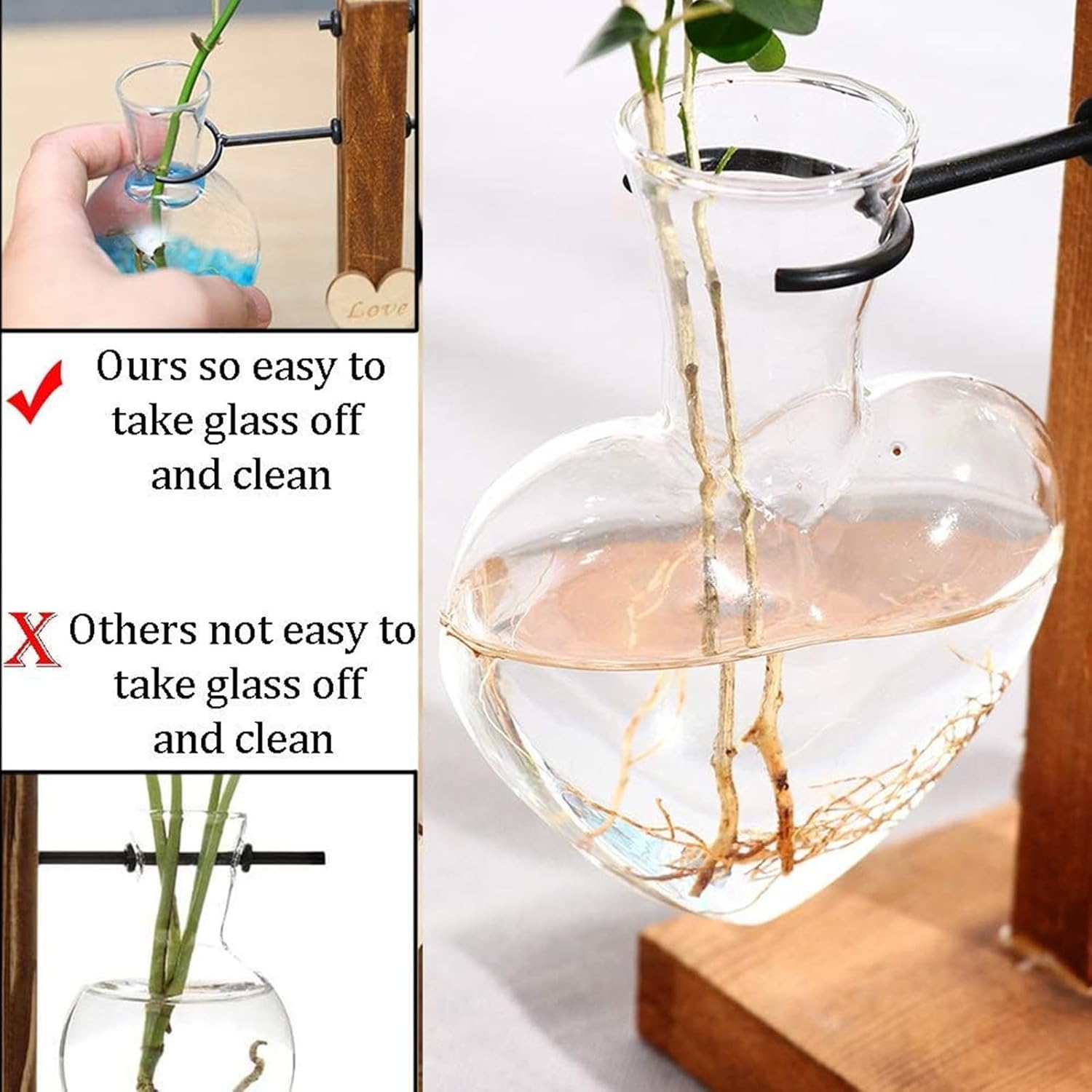 Glass Plant Terrarium with Wooden Stand,Creative Double Heart Glass Hydroponic Vases for Desktop Planter Bud Hydroponic Plant Home Garden Office Decoration (A)