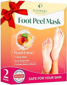 Plantifique Foot Peel Mask – 2 Pairs Exfoliating & Dermatologically Tested Foot Treatment, Removes Dead Skin & Repairs Heels for Soft Feet – Peach Scent, Gift for Women & Men