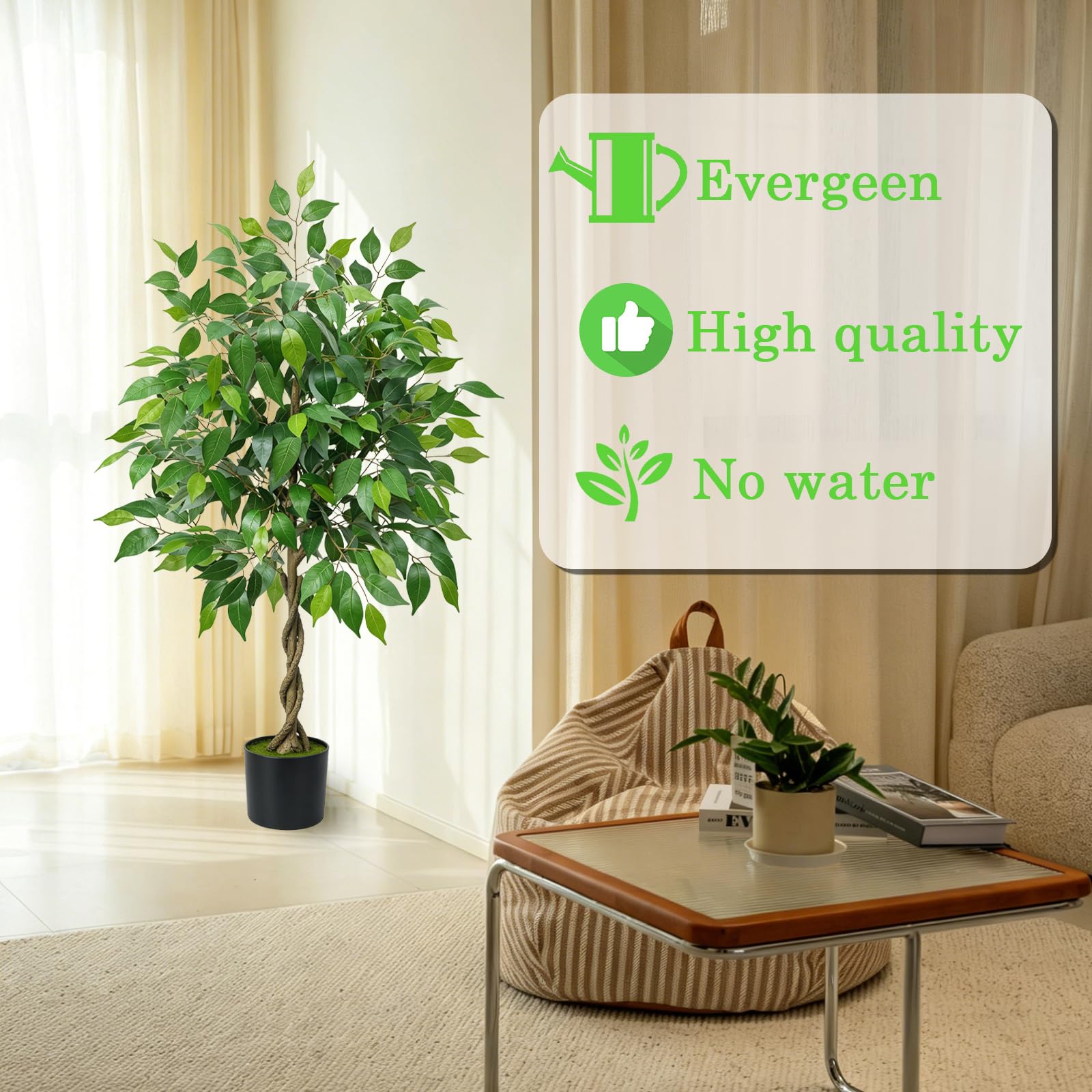 Albero di Ficus Artificiale 120 cm Piante Finte da Interno Pianta Finta Ficus Benjamin con Vaso Albero Finto Grande per Salotto Giardino Balcone Ufficio e Decorazioni Interne ed Esterne