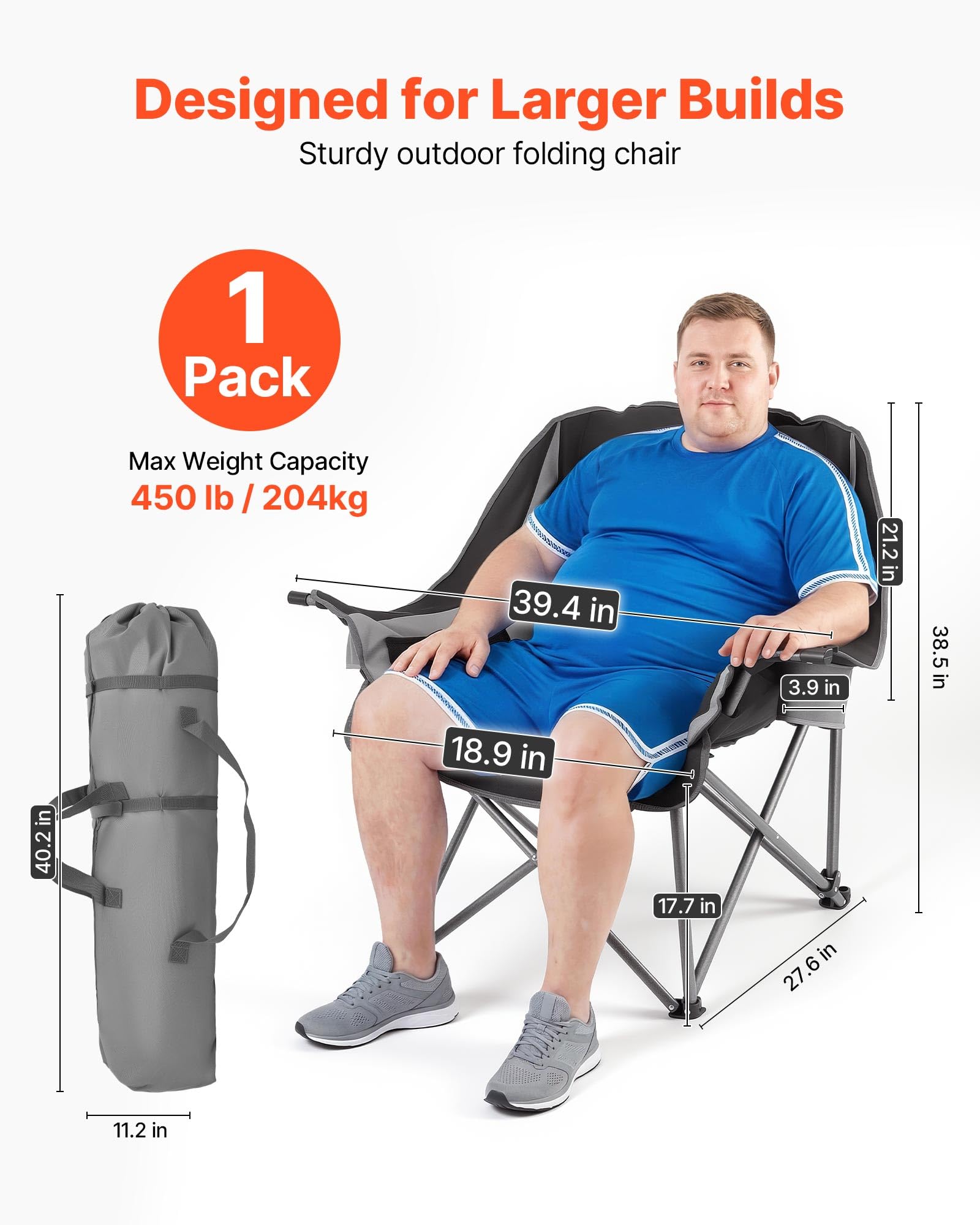 VEVOR Chaise de Camping Pliante et Portable, Fauteuil Pliable Camping Charge Maximale 204 kg, pour Pique-Nique Randonnée Pêche en Plein Air, avec Porte-gobelet, Porte-Verre à Vin et Sac de Transport