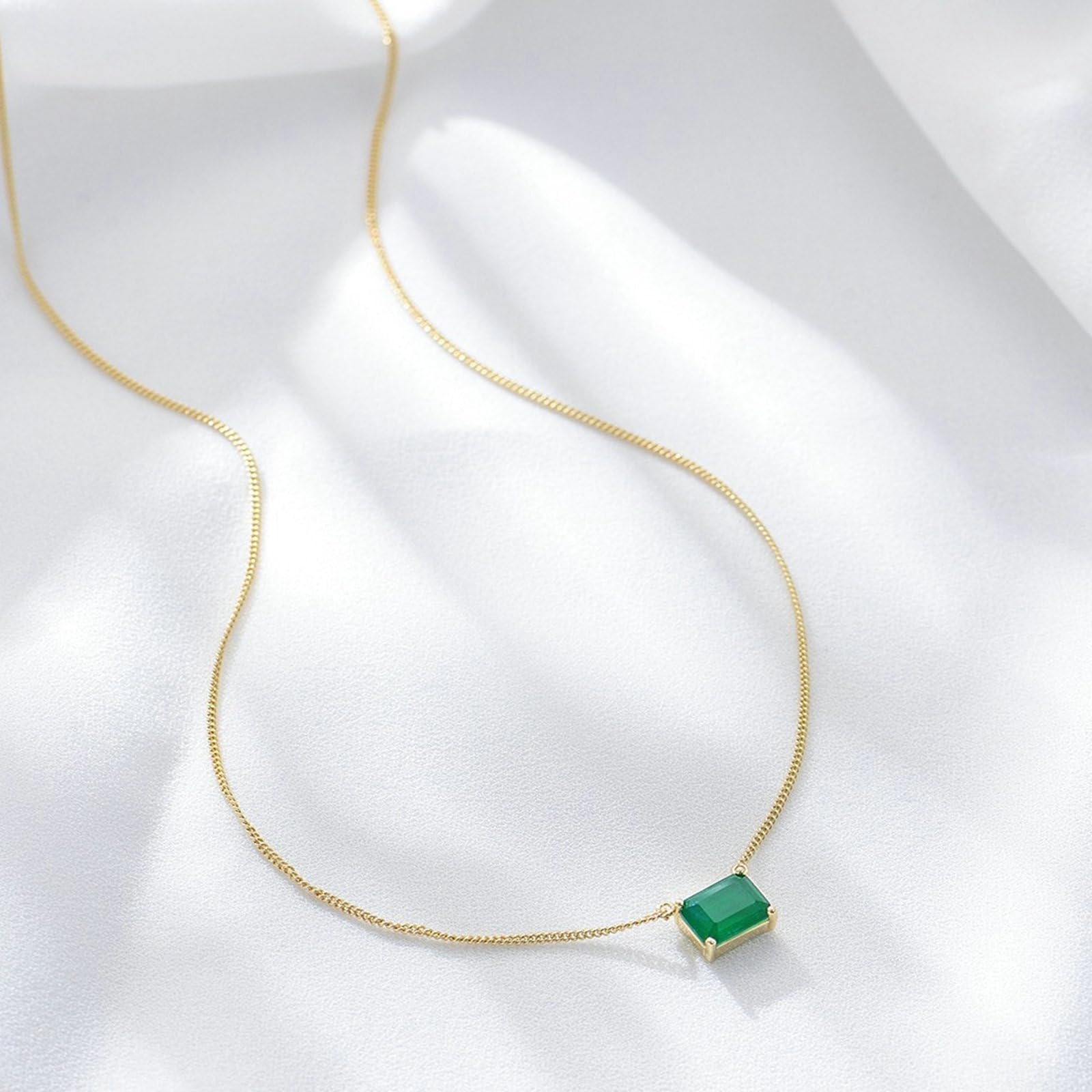Halskette Gelbgold Damen, Halsketten mit Rechteck Labor Erzeugter Smaragd aus 375/585/750 Gold, 40+5cm