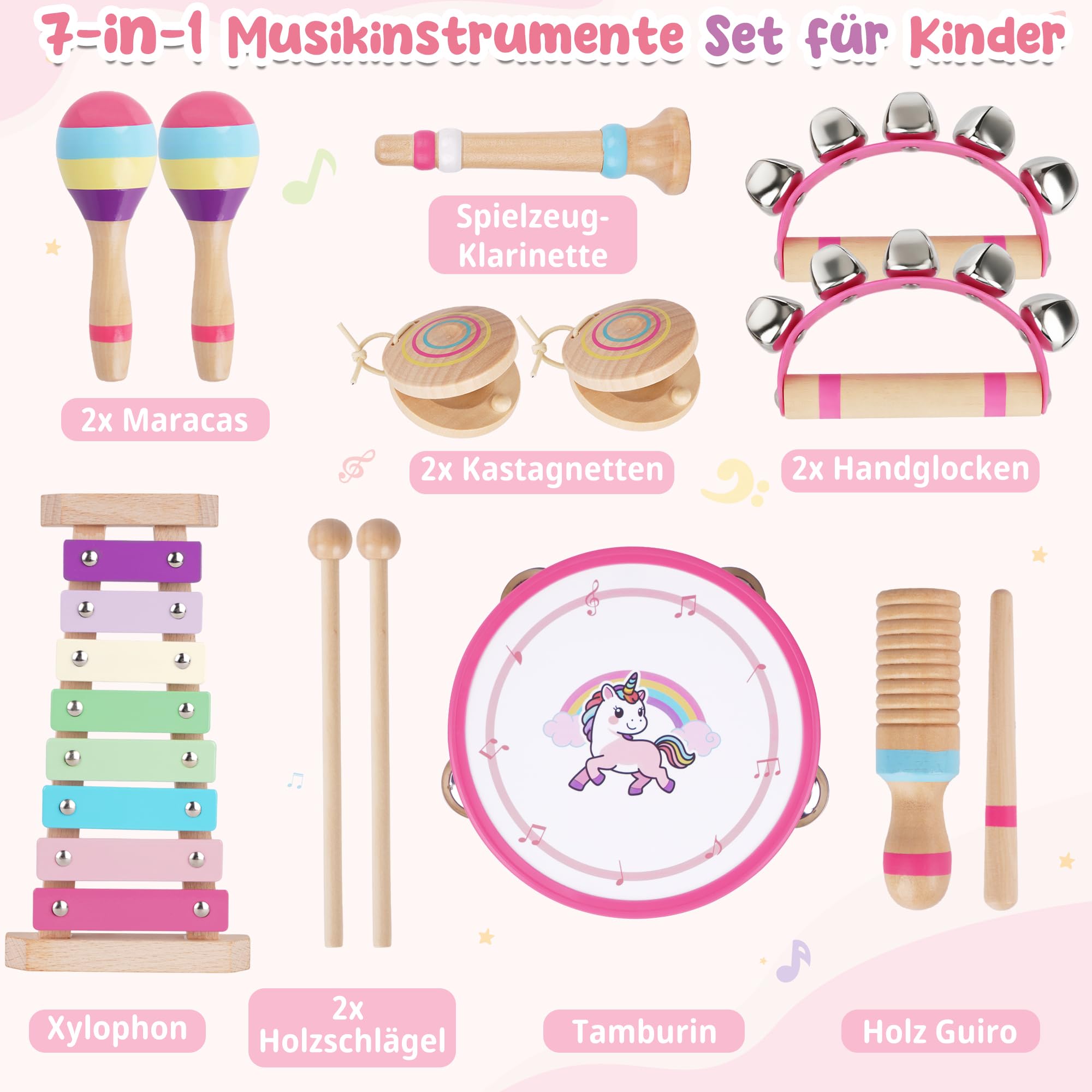 ATOYUS Montessori Musikinstrumente Spielzeug für Babys und Kinder ab 1 Jahr, Holz-Schlaginstrumente für 1-3 Jährige Mädchen mit Xylophon, Trommel, Geschenk zum 1. Geburtstag, zu Weihnachten und Ostern