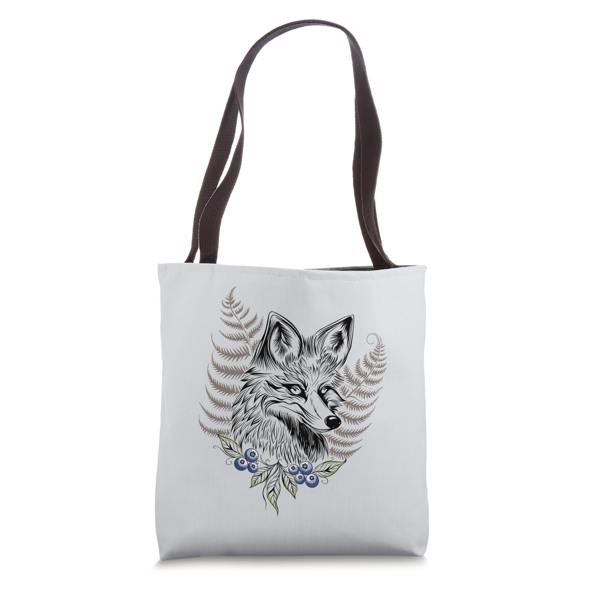 Wild Fox Art with Fern and Blueberries Fox for Animal Lovers Tote Bag