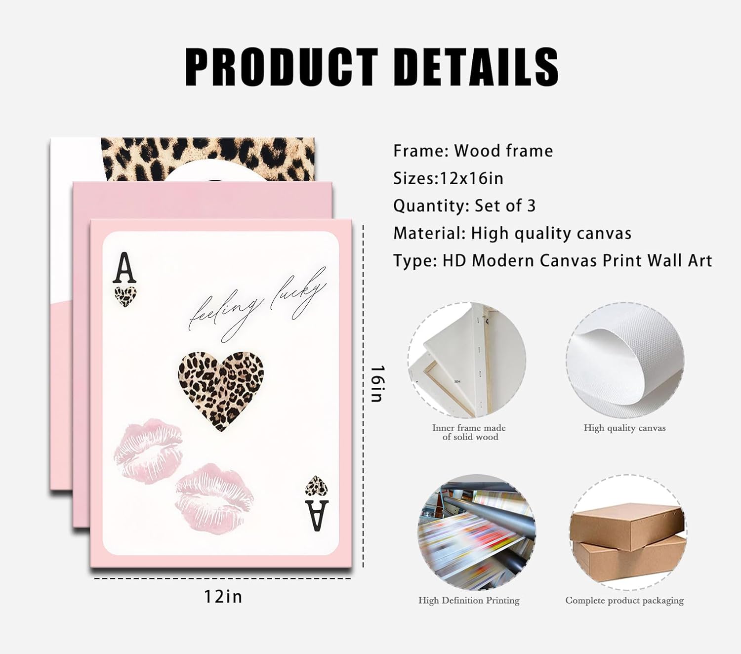 3 Pcs Pink Cheetah Fashion Canvas Wall Decor Leopard Bow Print Preppy Wall Art Chic Lucky 8 Ball Posters Aesthetic Paintings for Girls Bedroom Dorm and Apartment 12x16 Inch Framed