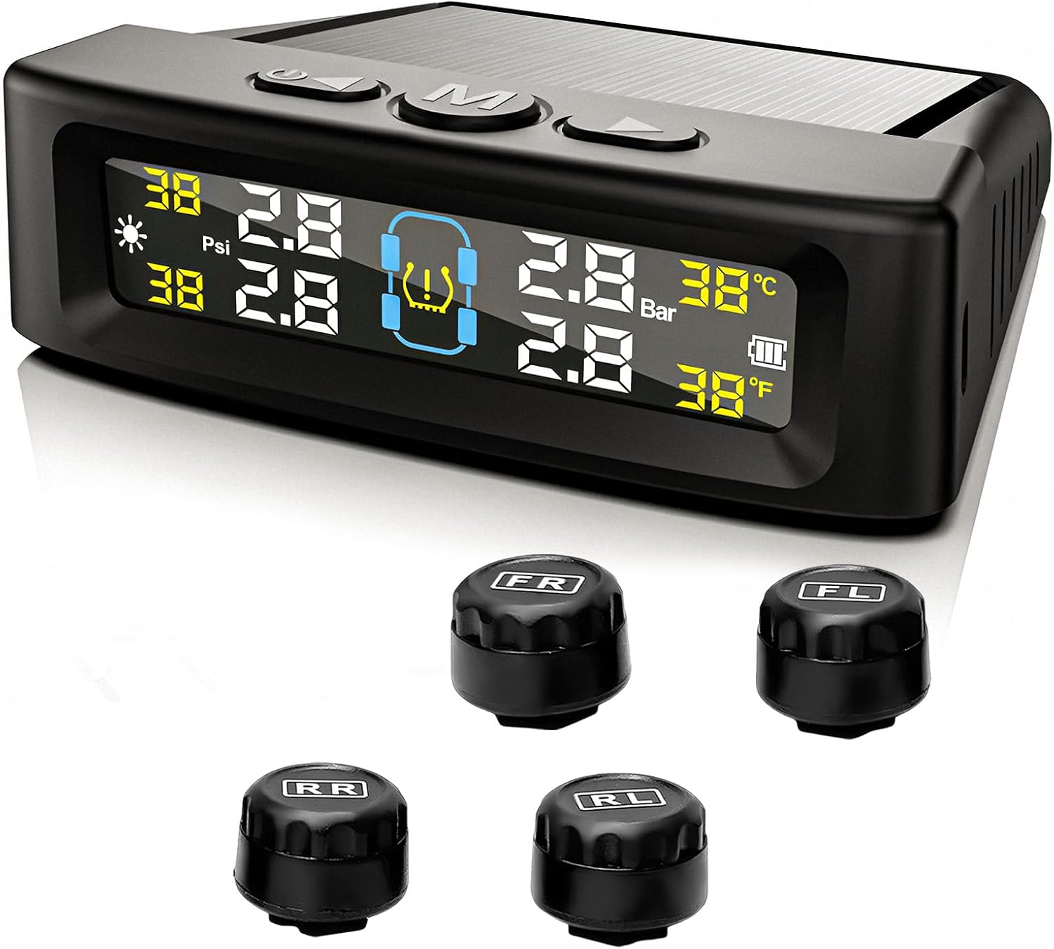 Tire Pressure Monitoring System, Real-Time Tire Pressure Monitor w/Solar Charger & 4 External Sensors, 6 Alarm Modes LCD Display Tyre Monitoring System for Car Truck SUV