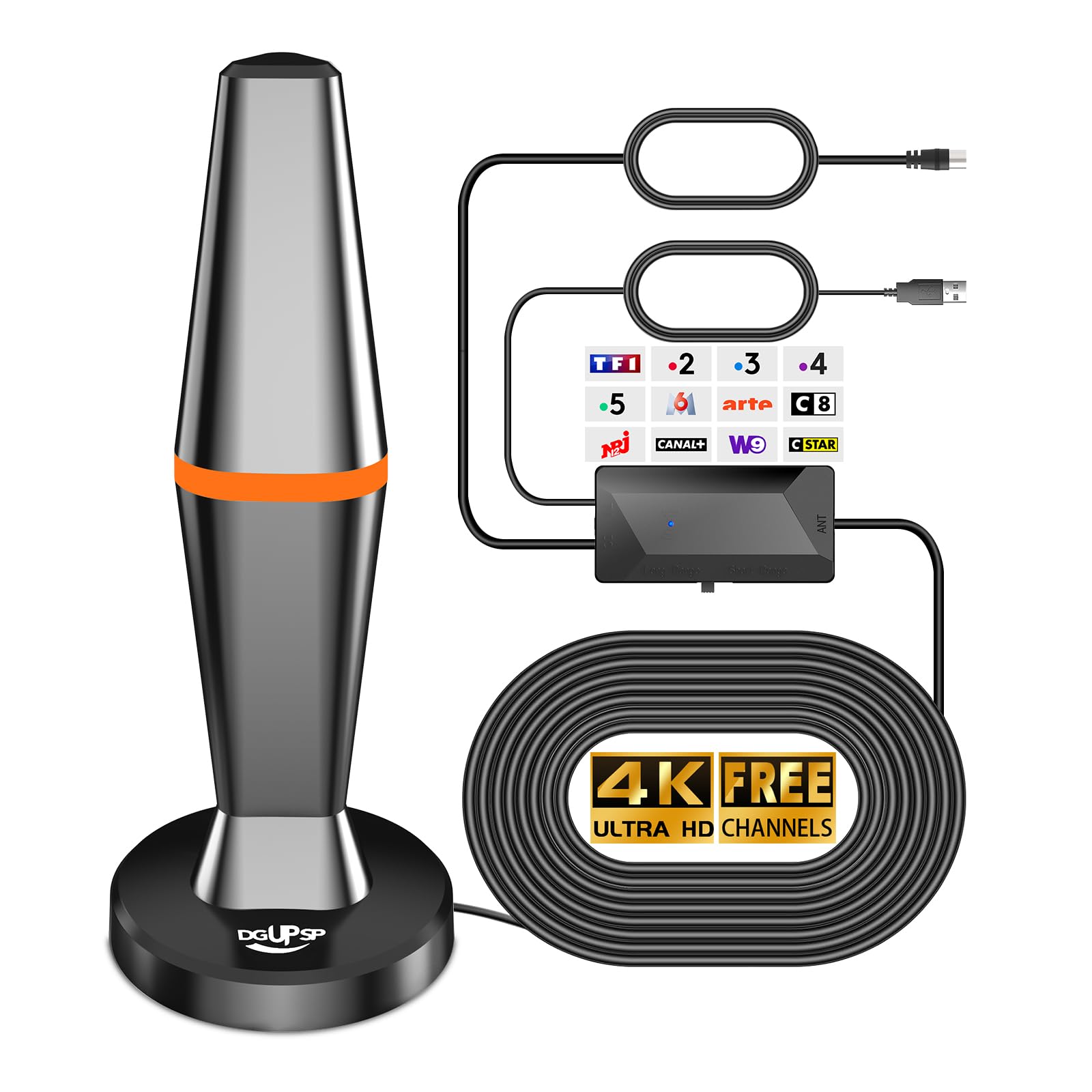 Potente antenna TV per interni TNT HD, 2025 Potente antenna TV interna di base magnetica potente - 420km Ricezione a lungo raggio a 360° - Arancione