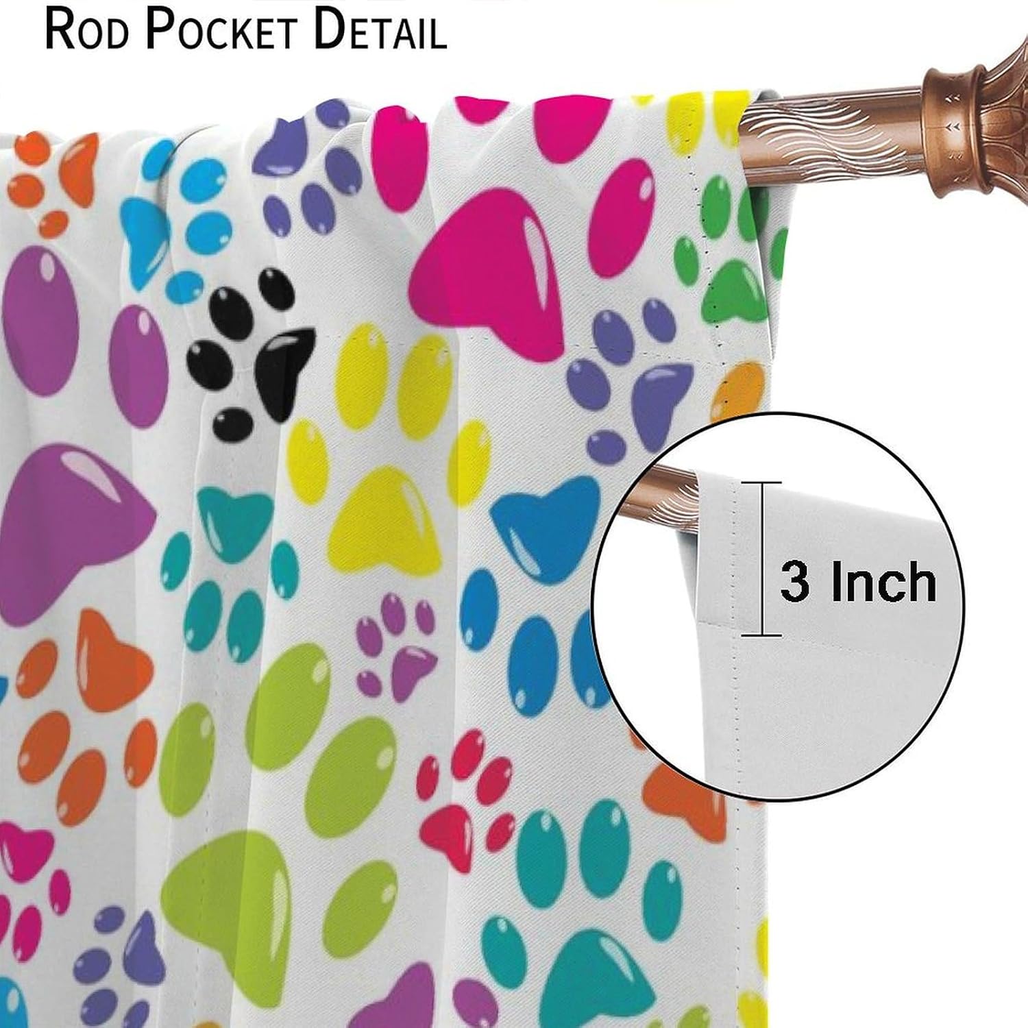 Dog Pattern Curtains, Cute Colorful Dogs Paws Lovely Print Blackout Window Treatments, Rod Pocket Thermal Insulated Drapes 2 Panel Sets for Kids Bedroom Living Room, 42" W X 63" L
