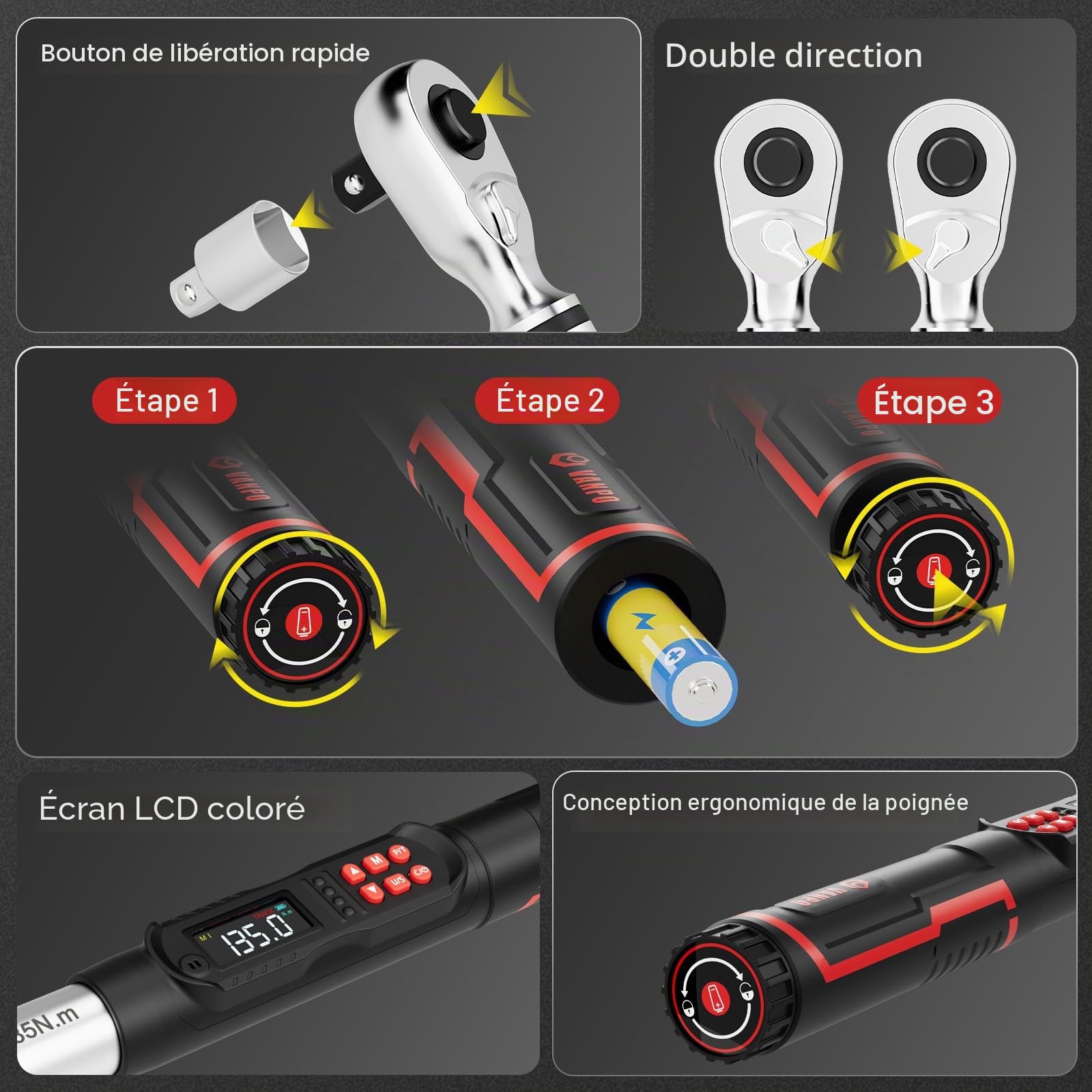 VANPO Clé Dynamométrique Numérique 3/8" 6.8-135NM pour Vélos, Moto