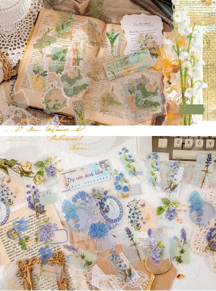 180PCS Romantic Flowers Scrapbook Stickers Kit Retro Flowers PET Transparent Waterproof Stickers Set for Junk Journal Journaling Water Bottles Phone Laptop Decals Pack for Teens Girls Kids Adults