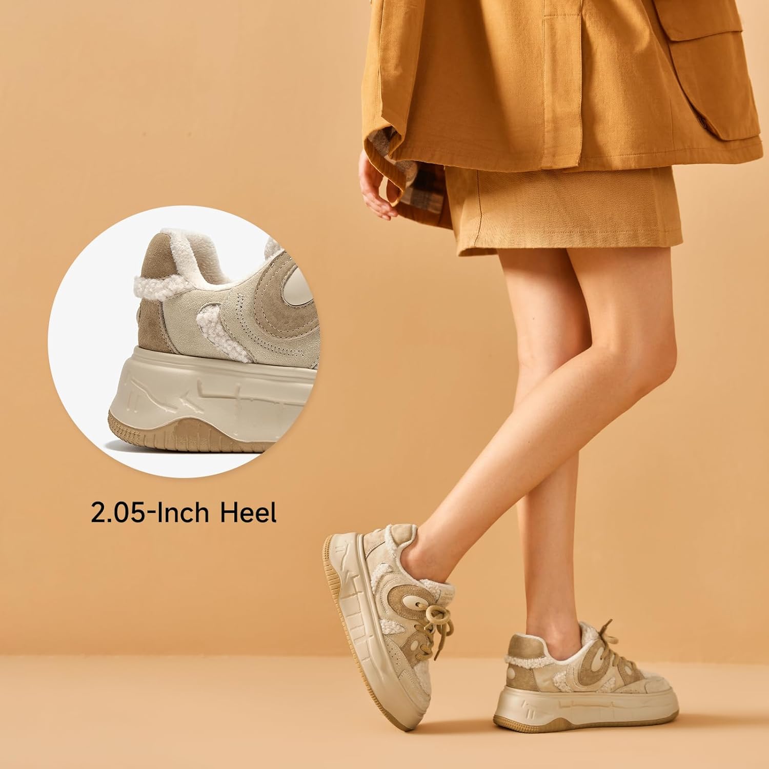 BEAU TODAY Fur Lined Winter Sneakers for Women, Womens Chunky Platform Warm Sneakers, Comfortable Suede Snow Lace-up Non-Slip Round Toe Casual Snow Walking Tennis Shoes - Image 2