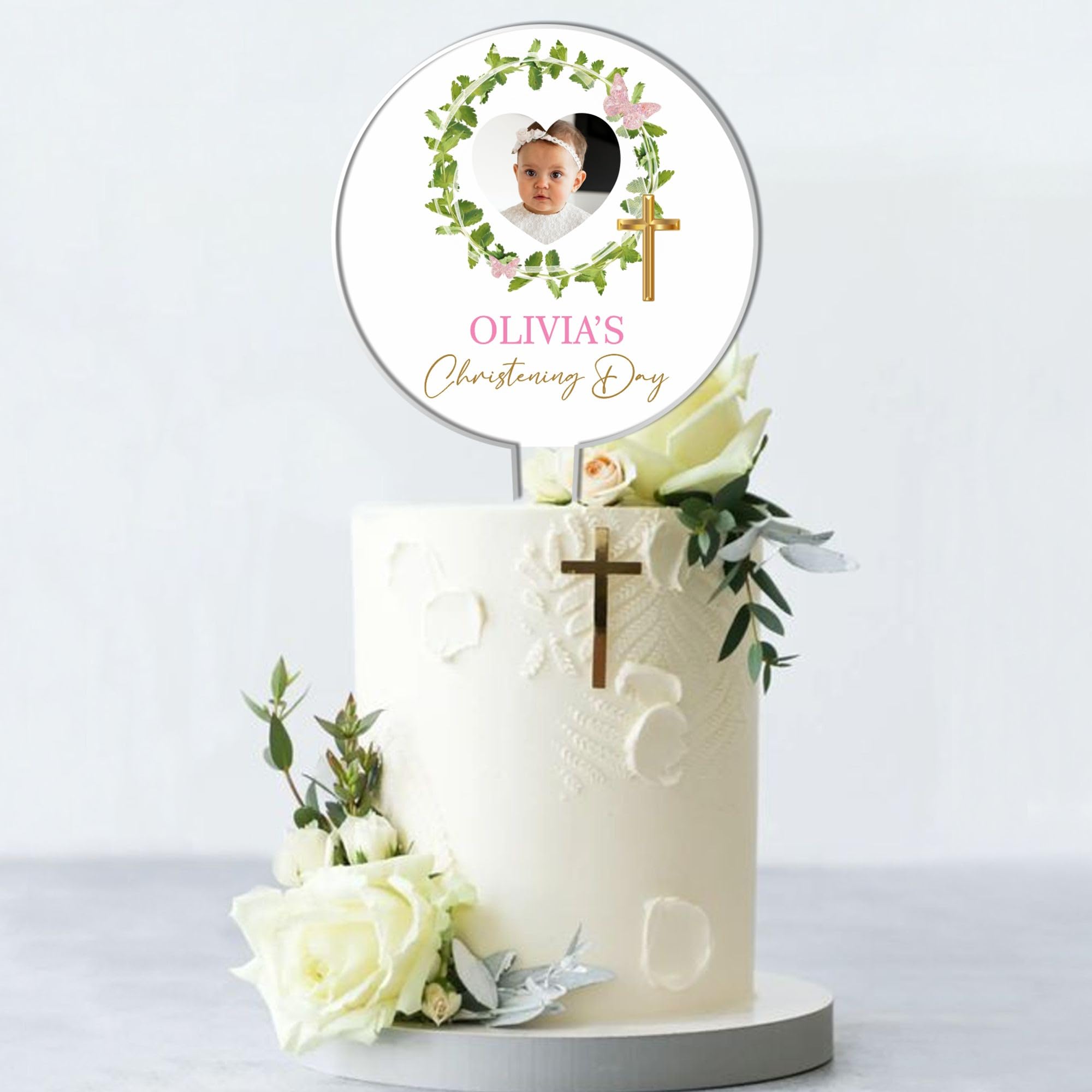 Personalised Photo Acrylic Cake Topper for Christenings, Holy Communions & Confirmations – Custom Child’s Name & Photo with Floral Wreath Designs (Christening Day, Green Wreath Pink Butterfly)