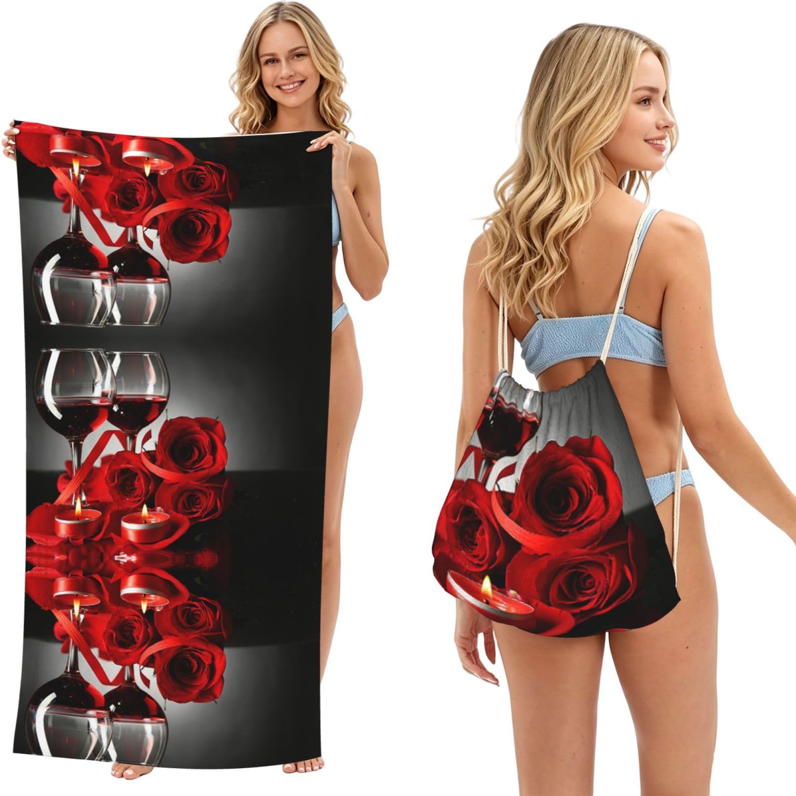 Ezdlowvba Black Red Rose And Wine Romantic Lovers Print Beach Towel Backpack 2 In 1 Summer Large Lightweight Beach Towel - Multifunctional Ship Pattern Towel Bag For Storage,Sport