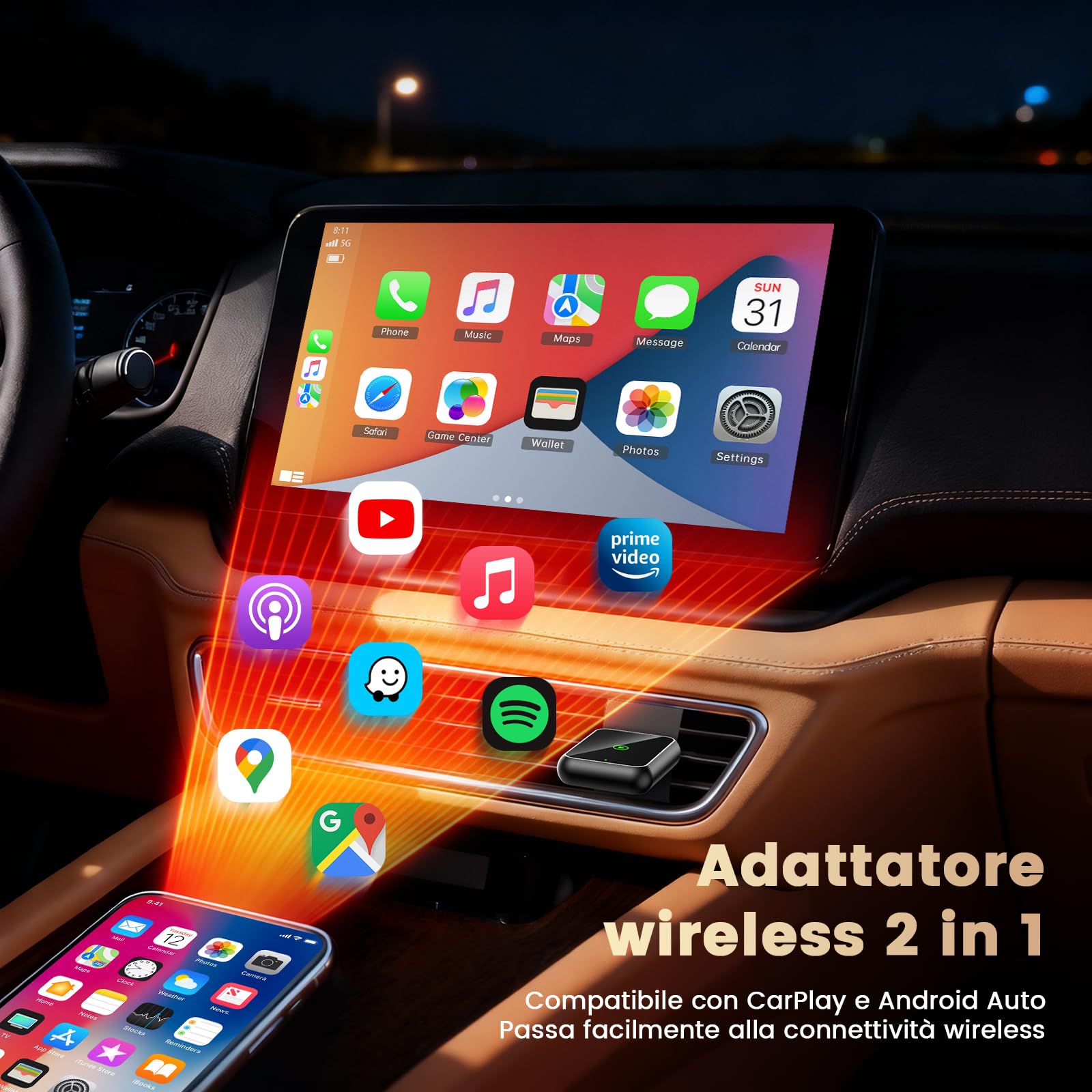 Mini adattatore wireless CarPlay 2 in 1, adattatore wireless per auto Android, Plug & Play, USB-A/C, connessione rapida stabile, compatibile con iOS 10+ e Android 11+, aggiornamento senza fili, nero