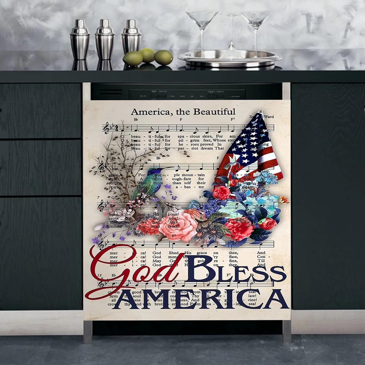 God Bless America Dishwasher Cover,Humming Bird Dishwasher Magnet for Front Decorative,Music Score Refrigerator Cover Magnetic Dishwasher Decal American Flag Appliance Fridge Sticker 23"x17"