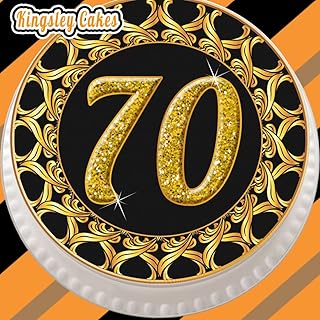 Wstępnie wycięta jadalna lukrowa nakładka na ciasto - 18 cm okrągła 70 wiek 70 czarny i złoty szczegółowa granica urodziny lub rocznica