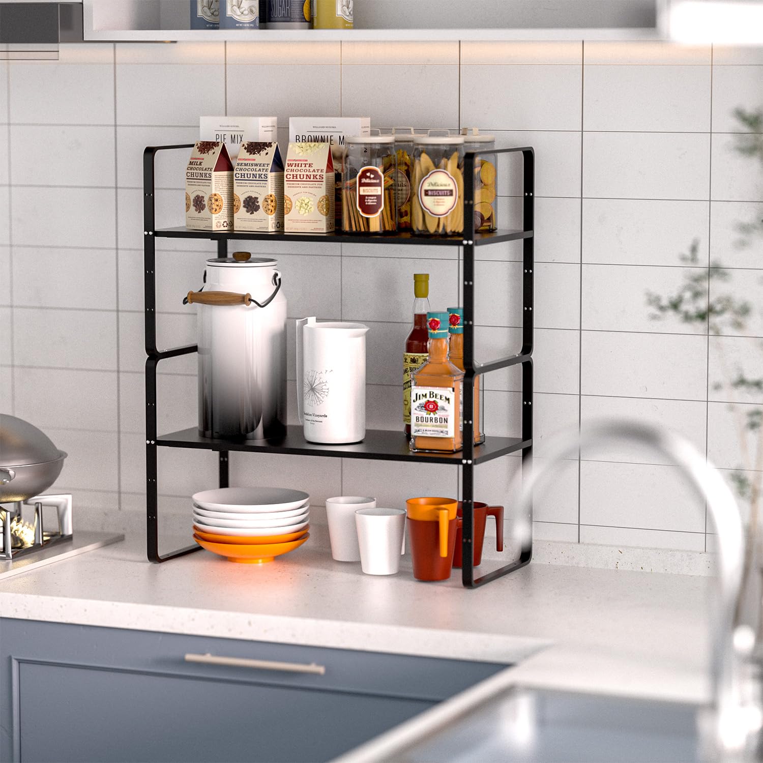 Erweiterbarer Schrankregal Küchenregal Organizer, stapelbarer Metall Gewürzregal Regaleinsatz Schrank-Organizer Regal, Küche Aufbewahrung Lagerregal für Zuhause, Speisekammer, Schwarz