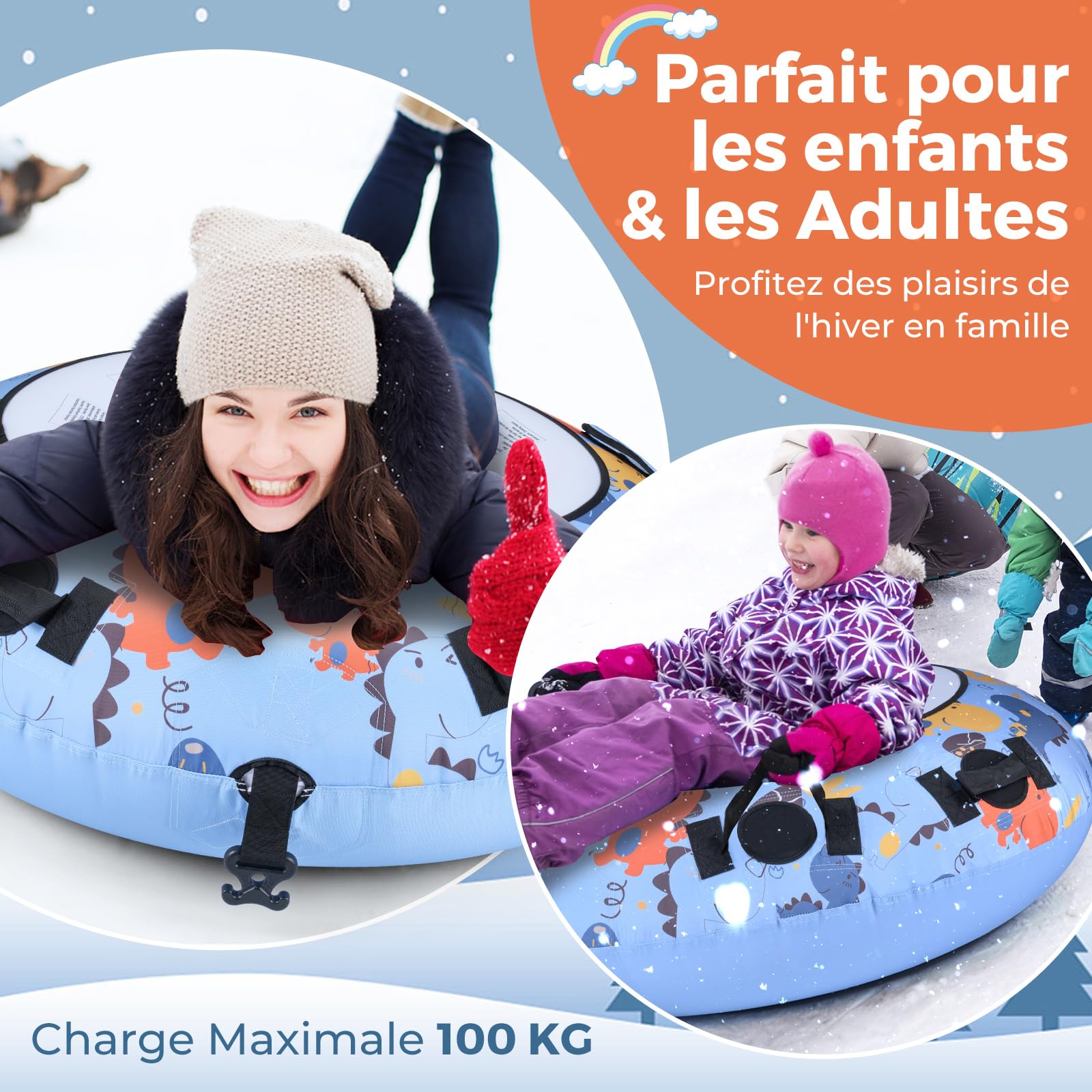 COSTWAY Luge Bouée Gonflable, Traîneau à Neige Robuste en Housse Oxford avec Poignées Robustes Gonfleur Manuel, Jouets Amusants d'hiver pour Enfants Adultes (Dinosaure)