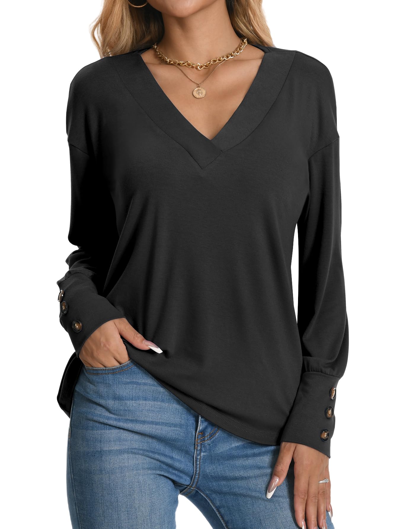 Women's 2024 V Neck Buttons Down Long Sleeve T Shirts Casual Loose Tops Fall Fashion Basic Blouses
