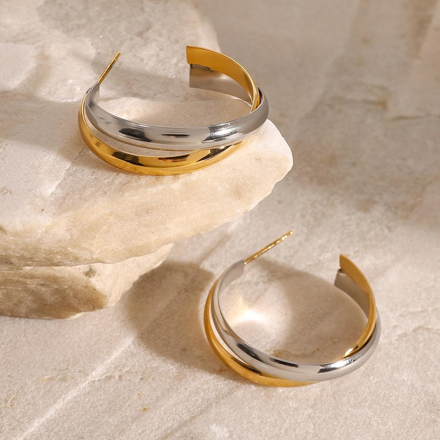 Chunky Hoop Earrings for Women 18K Gold Plated Lightweight Trendy Hammered Open Hoop Earrings - Image 8