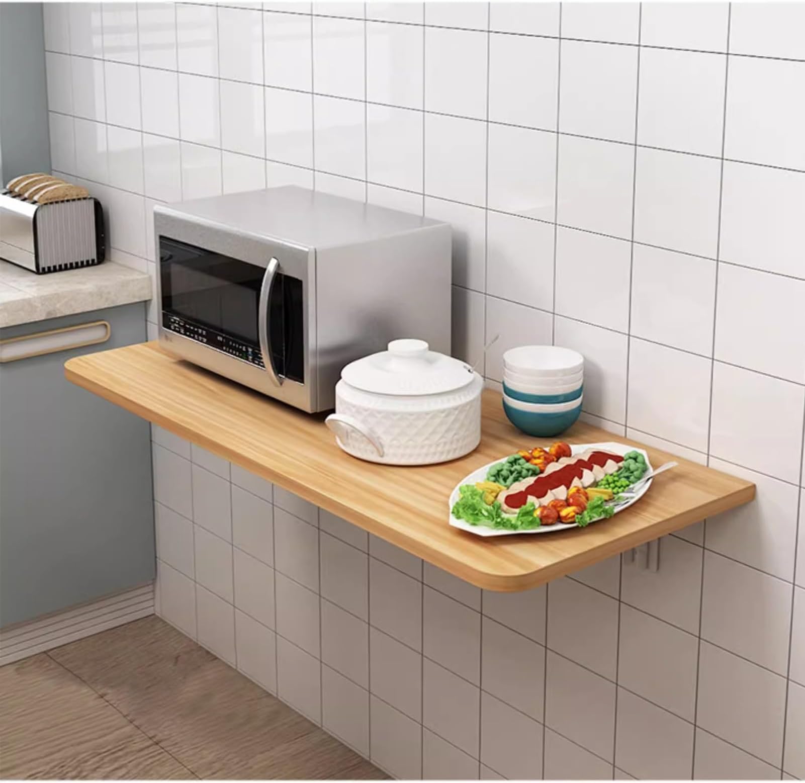 Folding Kitchen Table with Flaps, Heavy Duty Breakfast Bar Table with Metal Bracket, Folding Desk for Home Bar Laundry Room, Wall Folding Table
