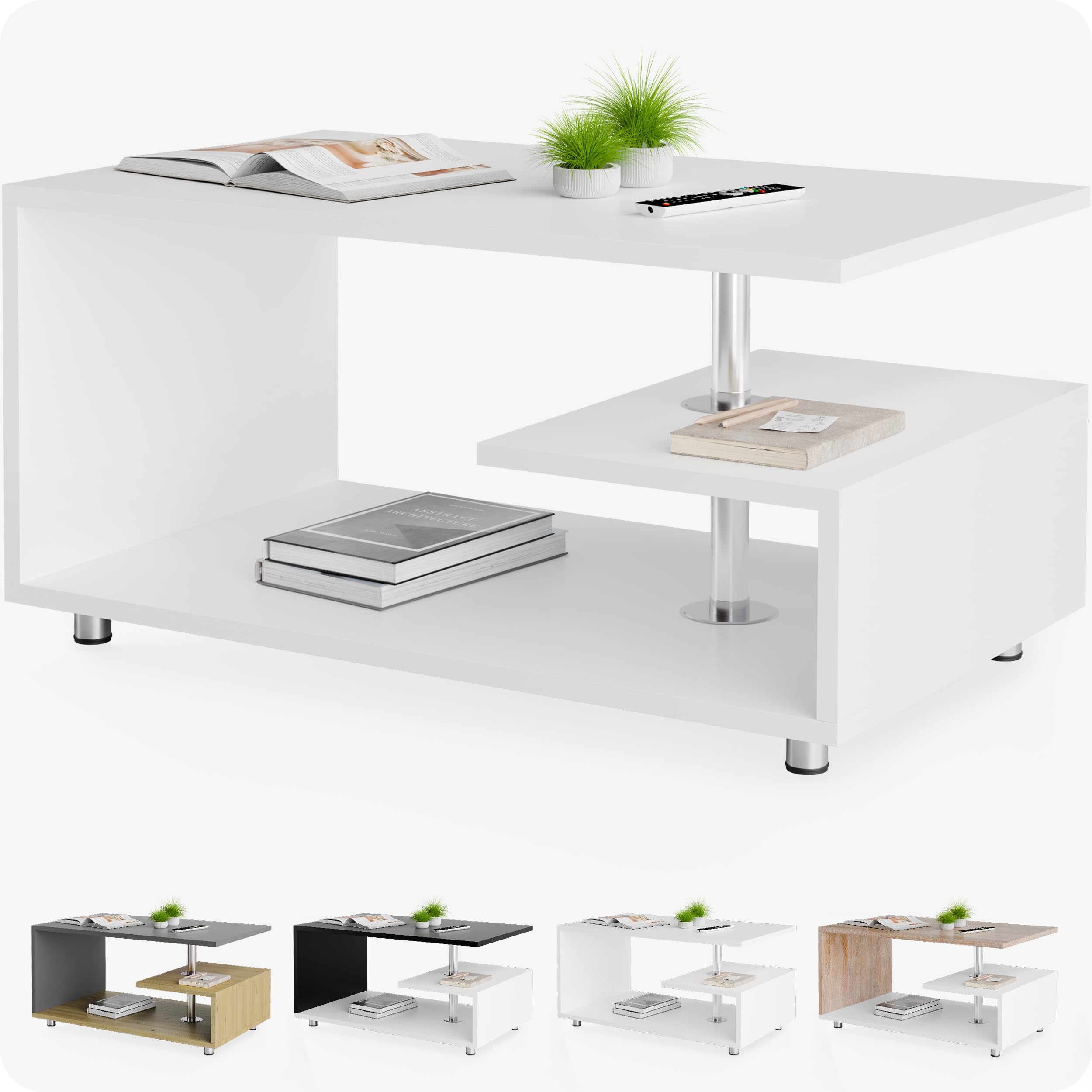 Casaria® Couchtisch Weiß Holz mit Stauraum 95x55cm Edelstahl Füße Höhenverstellbar Ablage Modern Rechteckig Beistelltisch Wohnzimmer Couch Sofa Tisch