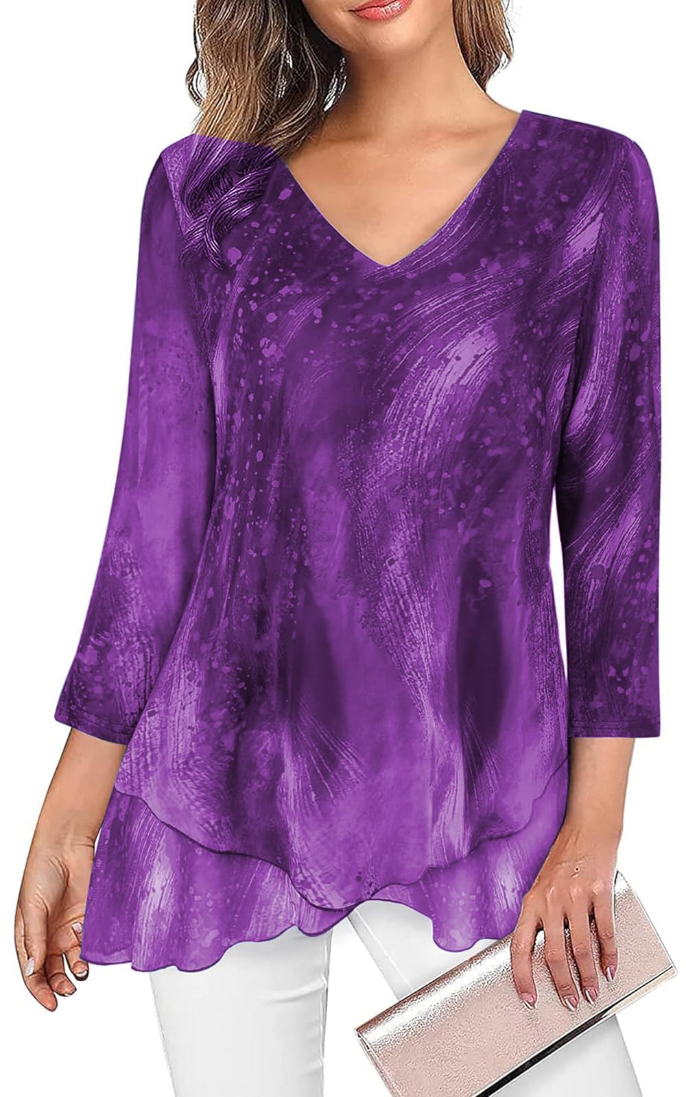 Adigaber Femme Blouse Décontracté à Manches Trois-Quarts Chemisier élégant à col en V pour Top Mode