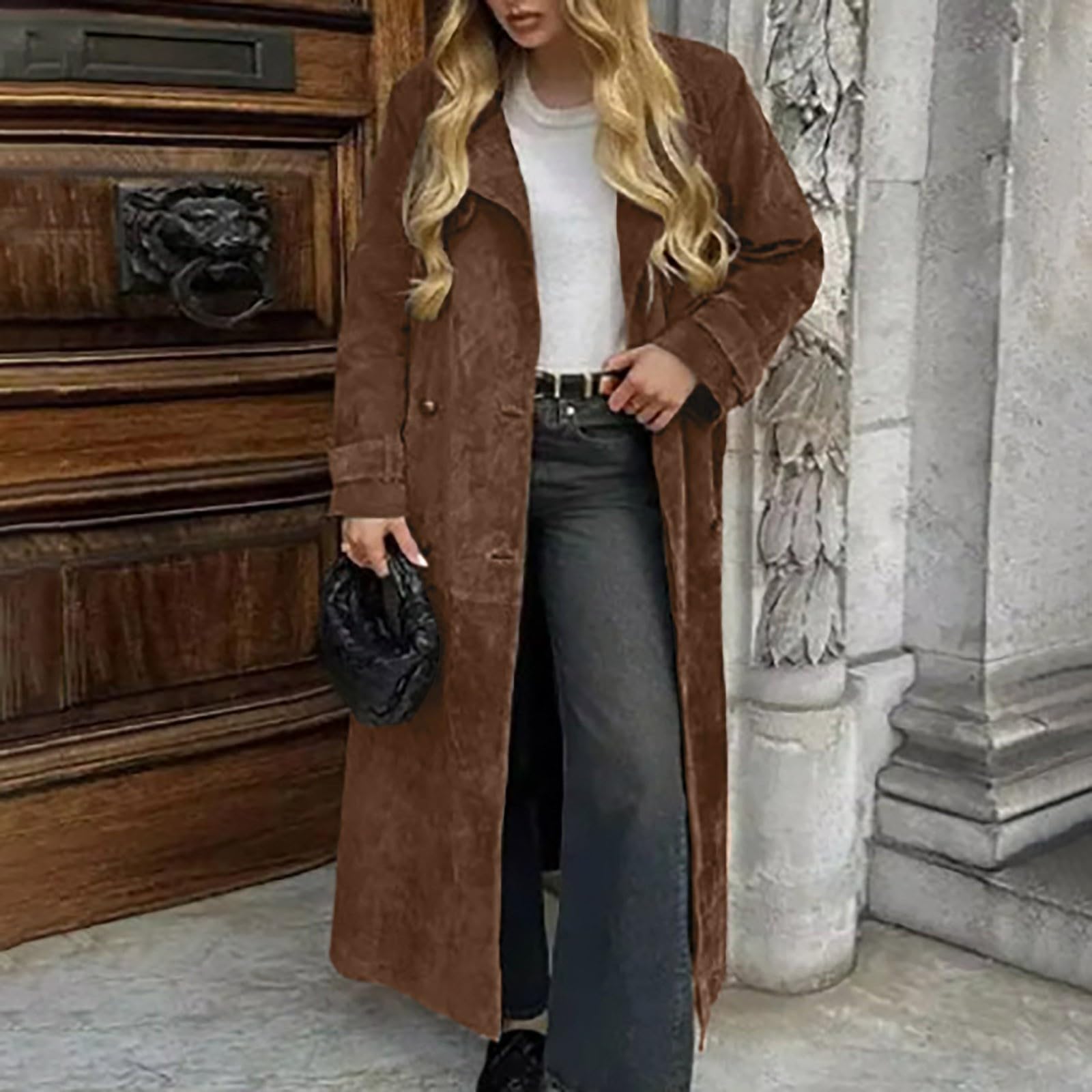 Chaqueta Mujer Retro Marrón con Cinturón, Blazer Elegante de Manga Larga con Solapa y Botones, Americana Vintage para Otoño, Oficina y Calle