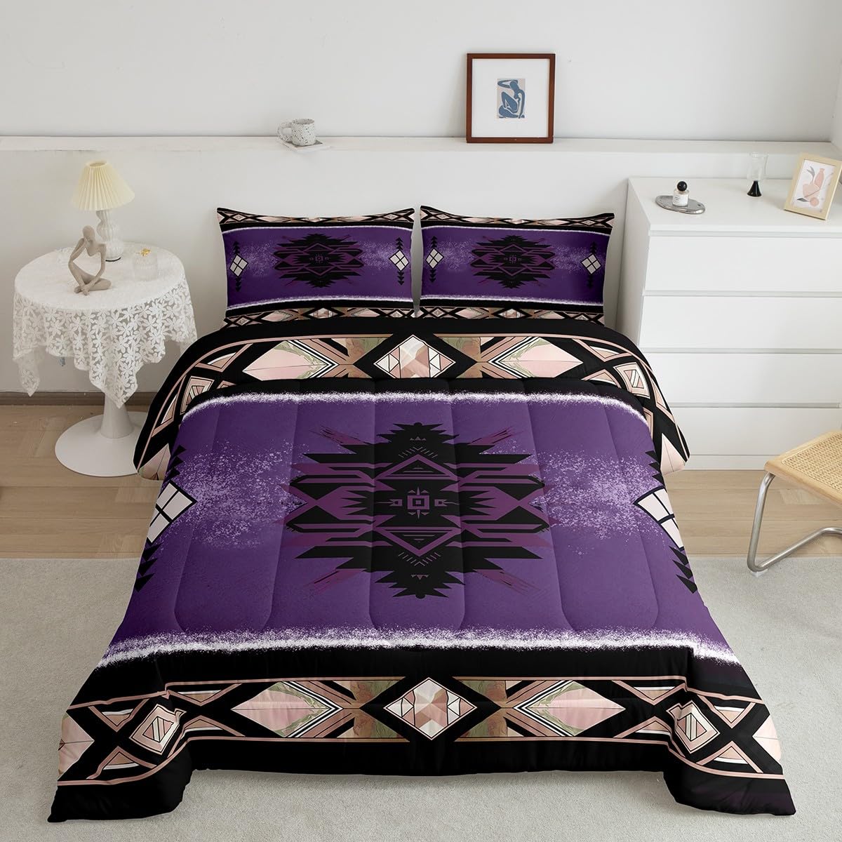Manfei Aztec Comforter Set Queen Size, Native Tribal Navajo American Bedding Set 3pcs for Kids Boys Room Decor, Boho Abstract Geometric Quilt Set Soft Polyester Duvet Set with 2 Pillowcases