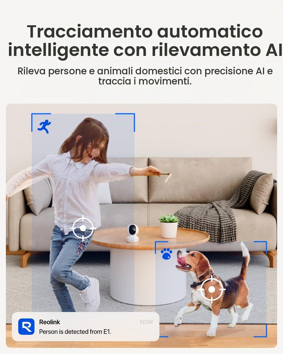 Reolink 4MP Telecamera Interno E1 & Argus MagiCam Magnetica Senza Fili Esterno/Interno, Vista 360°, Auto Tracking, Rilevamento IA, Visione Notturna, Audio Bidirezionale