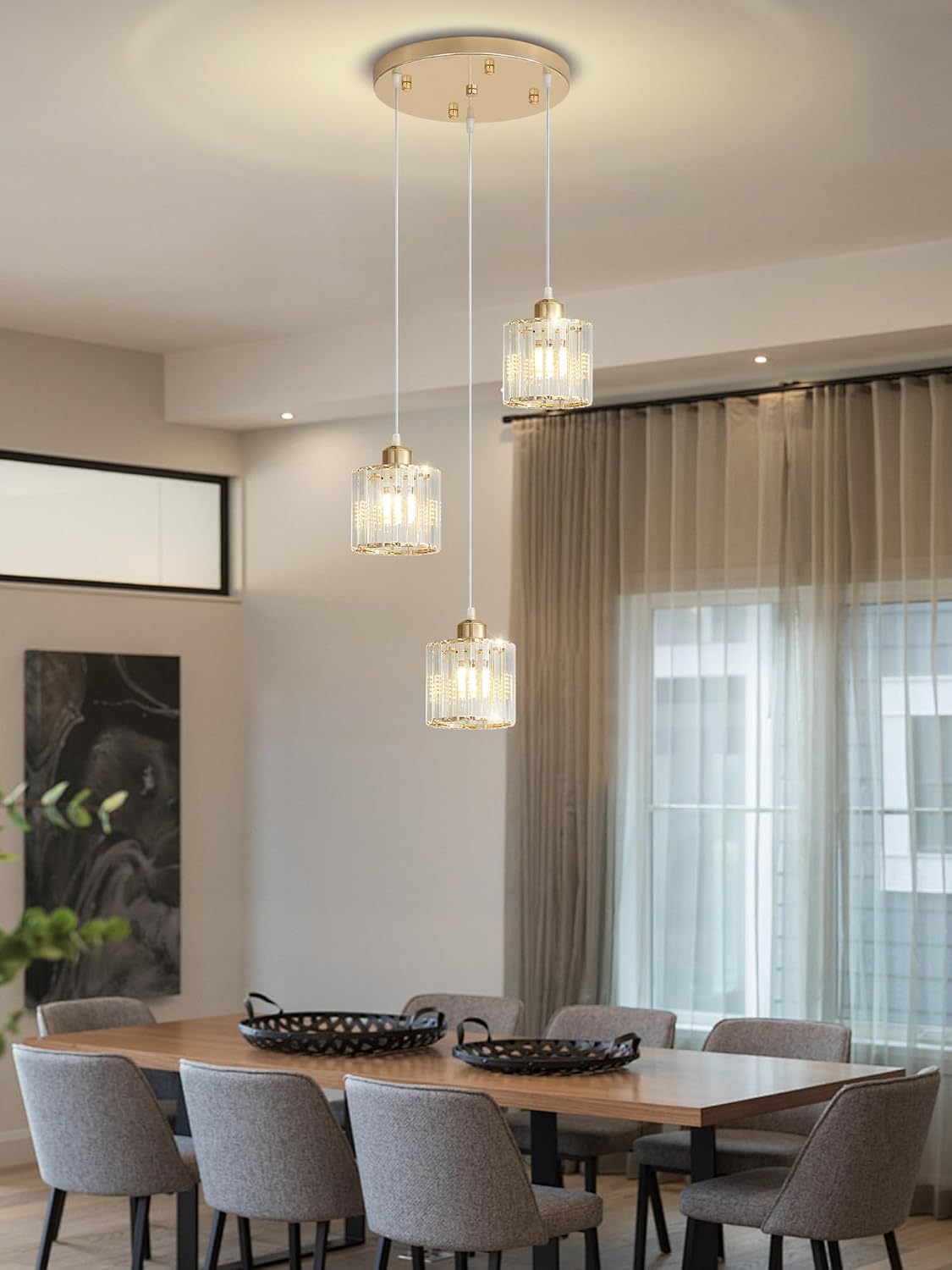 Modern Gold Crystal Pendant Light Fixture for Kitchen Island 3-Lights LED Dimmable Flush Mount Crystal Chandelier for Dining Room Bedroom Hallway Foyer