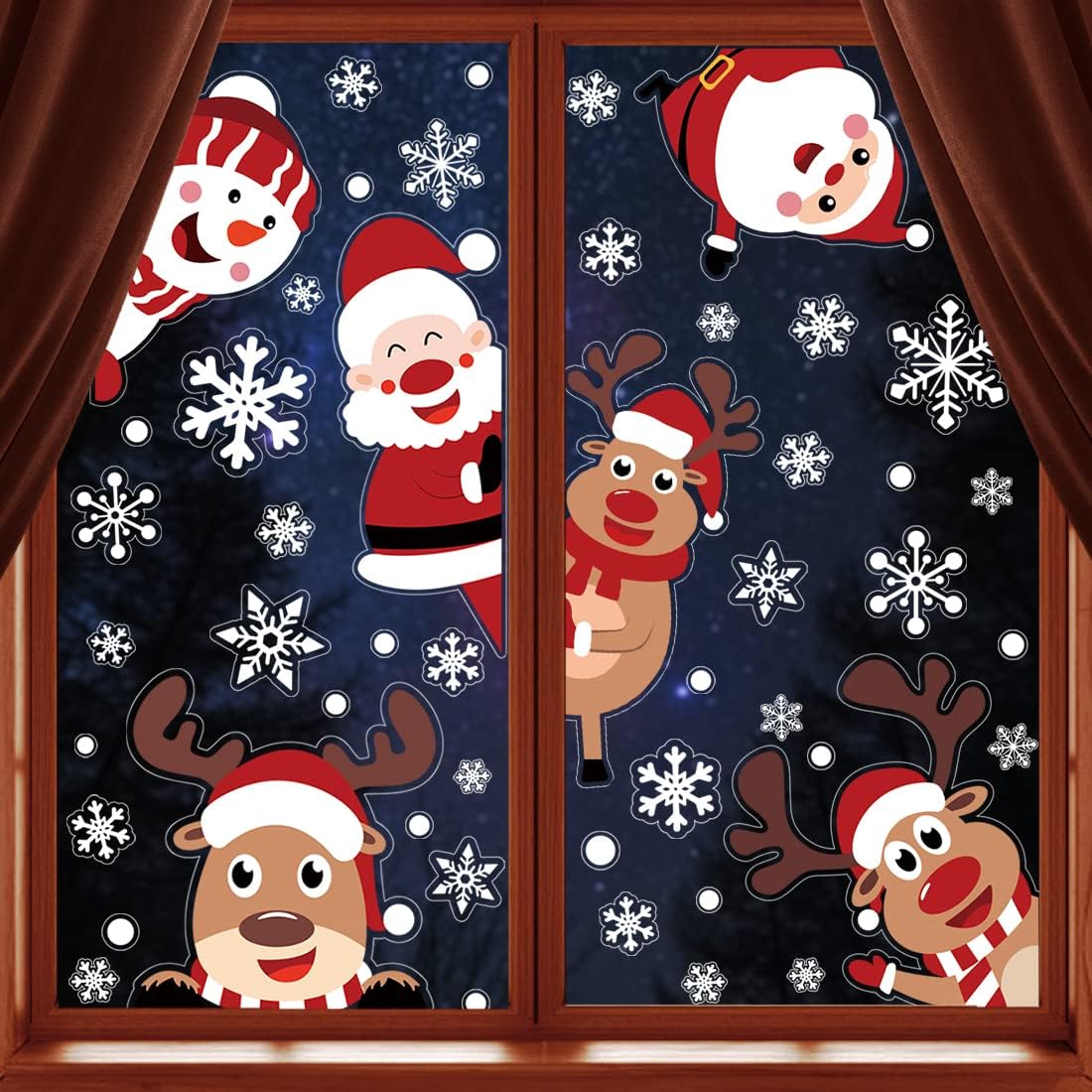 VEYLIN Christmas Window Clings Decoration, 6 Sheets Santa & Rudolph Snowflakes Window Stickers Decals for Xmas Window Display