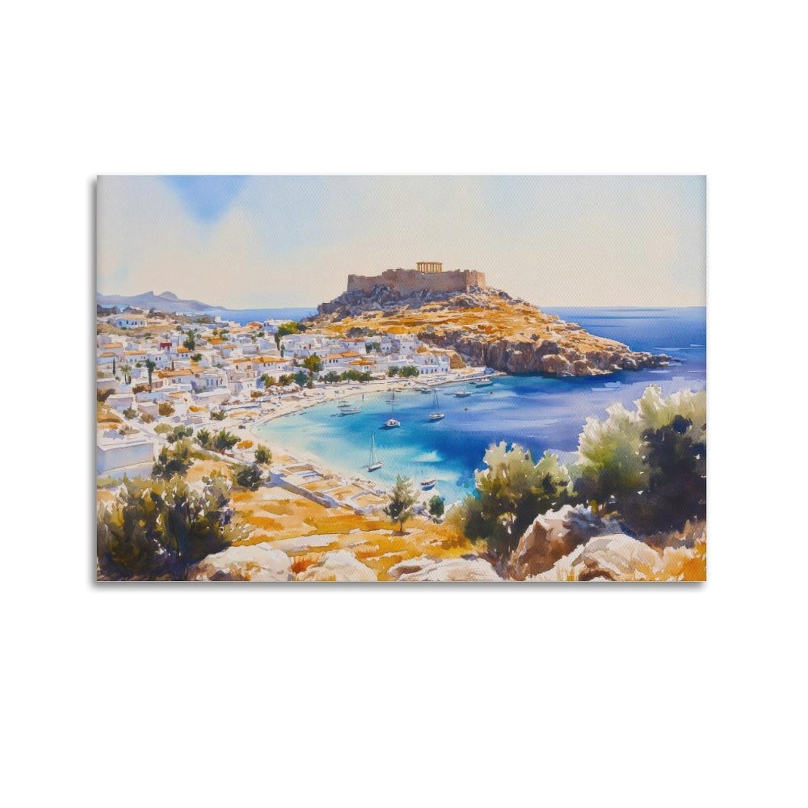 xiaoxiaoshen Lindos Travel Rhodes Greece Coastal Village Landscape Scenic Greek Island Canvas Poster Wall Art Prints Room Aesthetic Murals Bedroom And Living Decorations 20x30inch(50x75cm)