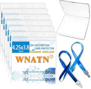 Vaccination Card Protector 4.25 X 3.8 Inches Id Card Name Tag Badge Holder Clear Vinyl Plastic Sleeve with Waterproof Type Resealable Zip and 2PCS Flat Neck Lanyards(6 Pack)