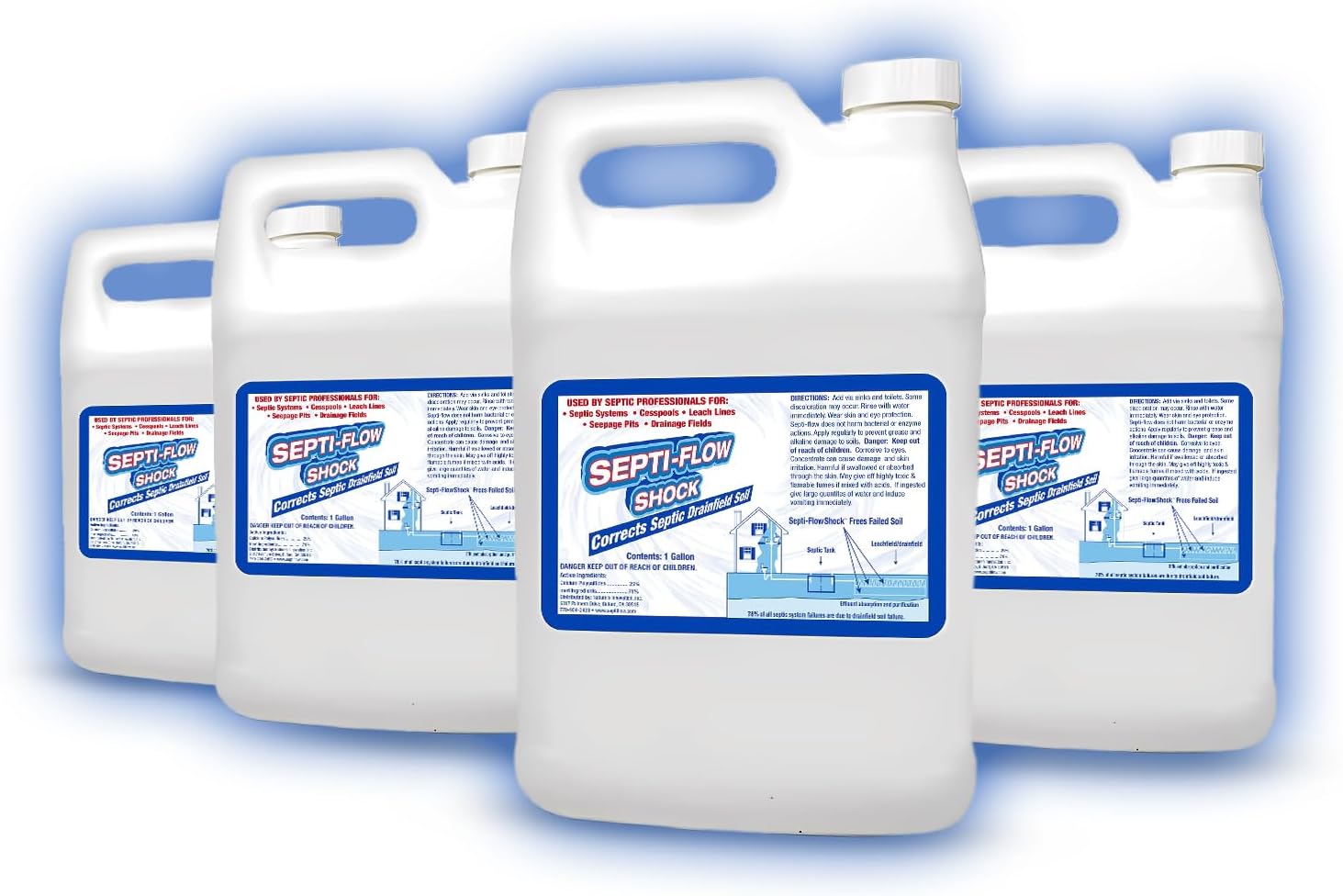 Septi-Flow Shock | Septic Drainfield Repair Solution, Clears Leach Fields, Dissolves Hardened Deadpan Soil, Complete Treatment, One Gallon - 128 Fl Oz (Pack of 4) - Drain Field Treatment