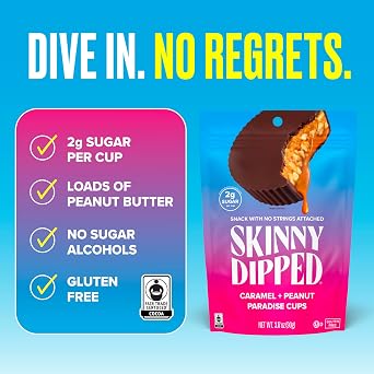 SkinnyDipped Caramel Peanut Paradise Cups, 2g Sugar per Cup, Gluten Free, Low Carb Snack, 3.2oz Resealable Bags, 6 Count (Pack of 4)