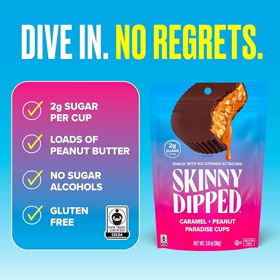 SkinnyDipped Caramel Peanut Paradise Cups, 2g Sugar per Cup, Gluten Free, Low Carb Snack, 3.2oz Resealable Bags, 6 Count (Pack of 4)