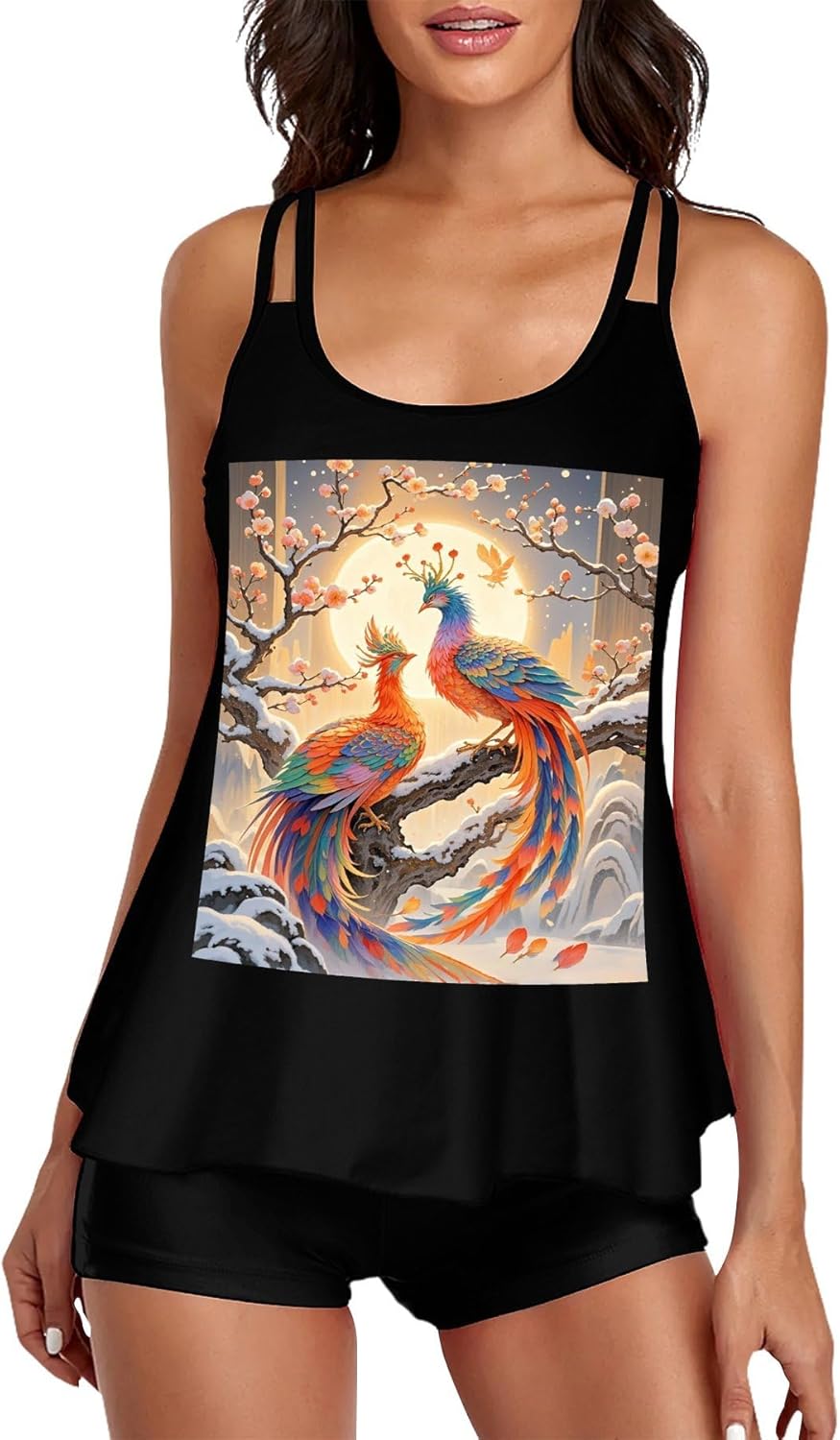 Two Phoenixes in Winter Tankini Swimsuits for Women Tummy Control Two Piece Bathing Suits Swim Tops with Boy Shorts