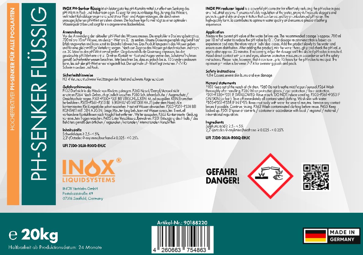 INOX pH Minus Flüssig 20 kg pH-Senker für Pool Whirlpool Wasserpflege Made in Germany
