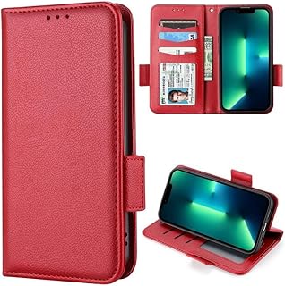PSR Aksesuar iPhone 15 Uyumlu Deri Görünümlü Kapaklı Kartlıklı Standlı Kamera Koruyuculu Kılıf (Kırmızı, iPhone 15)