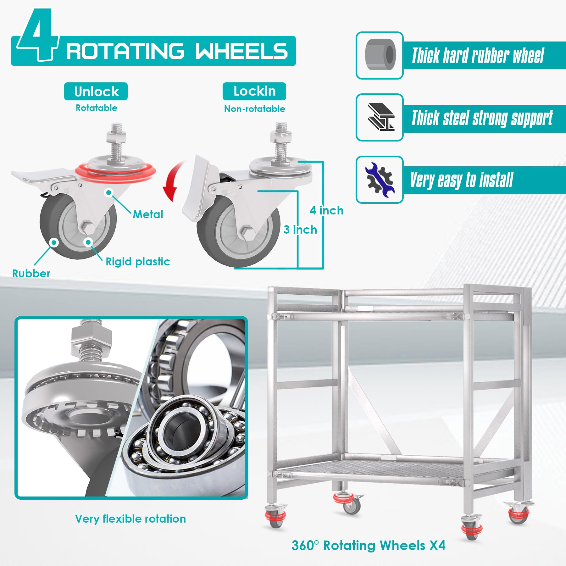 Carrito rodante de 2 estantes con ruedas, capacidad de 660 libras, carrito utilitario plegable de acero, carrito de mano plegable de alta resistencia, carrito de almacenamiento de metal con asa para