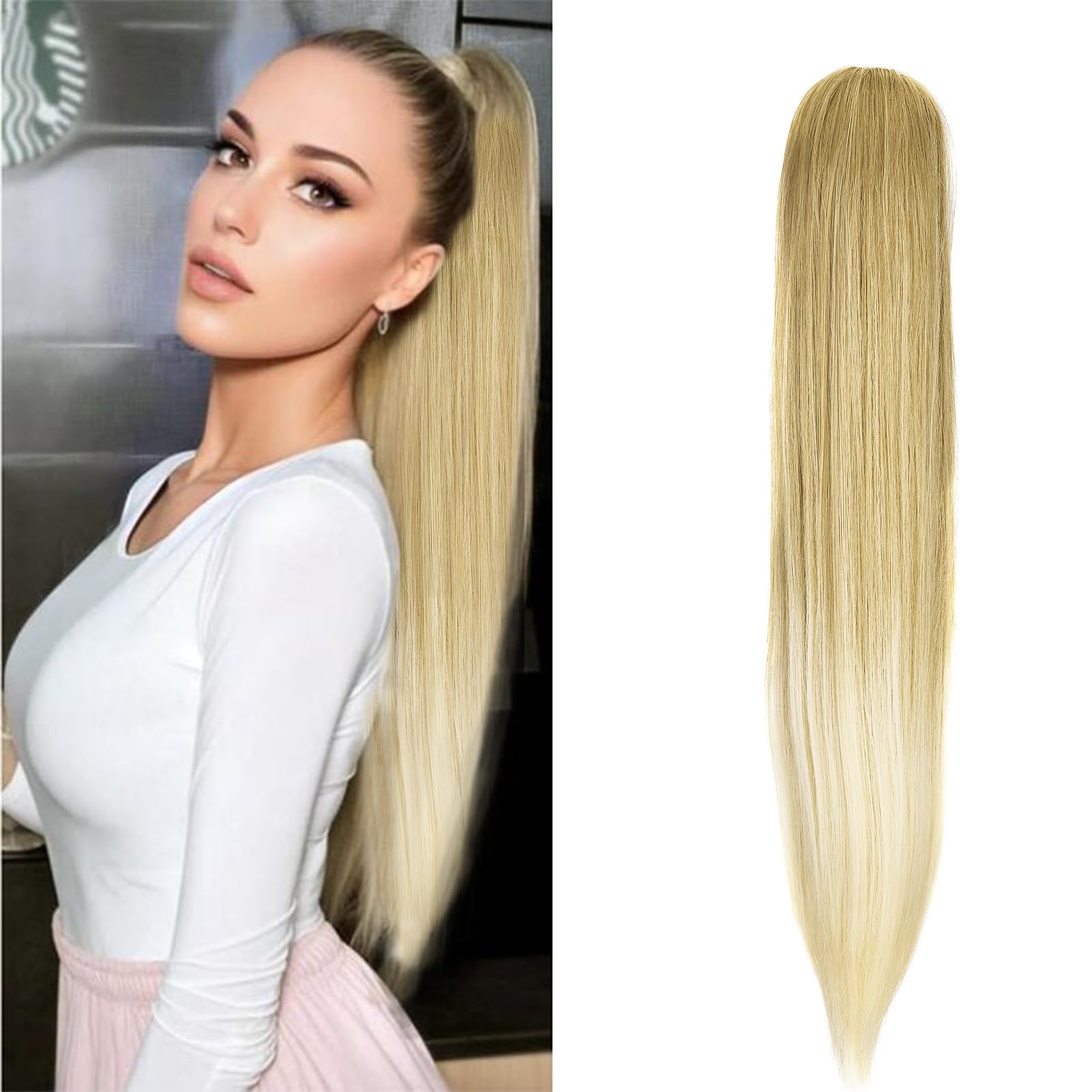 Cybelleza 20inch Ponytail Hair Extensions Straight Ponytail Claw Jaw on Long Straight Pony Tails Clip in Hair Extensions Synthetic Hair pieces for Women Dark Blonde Ombre Bleach Blonde