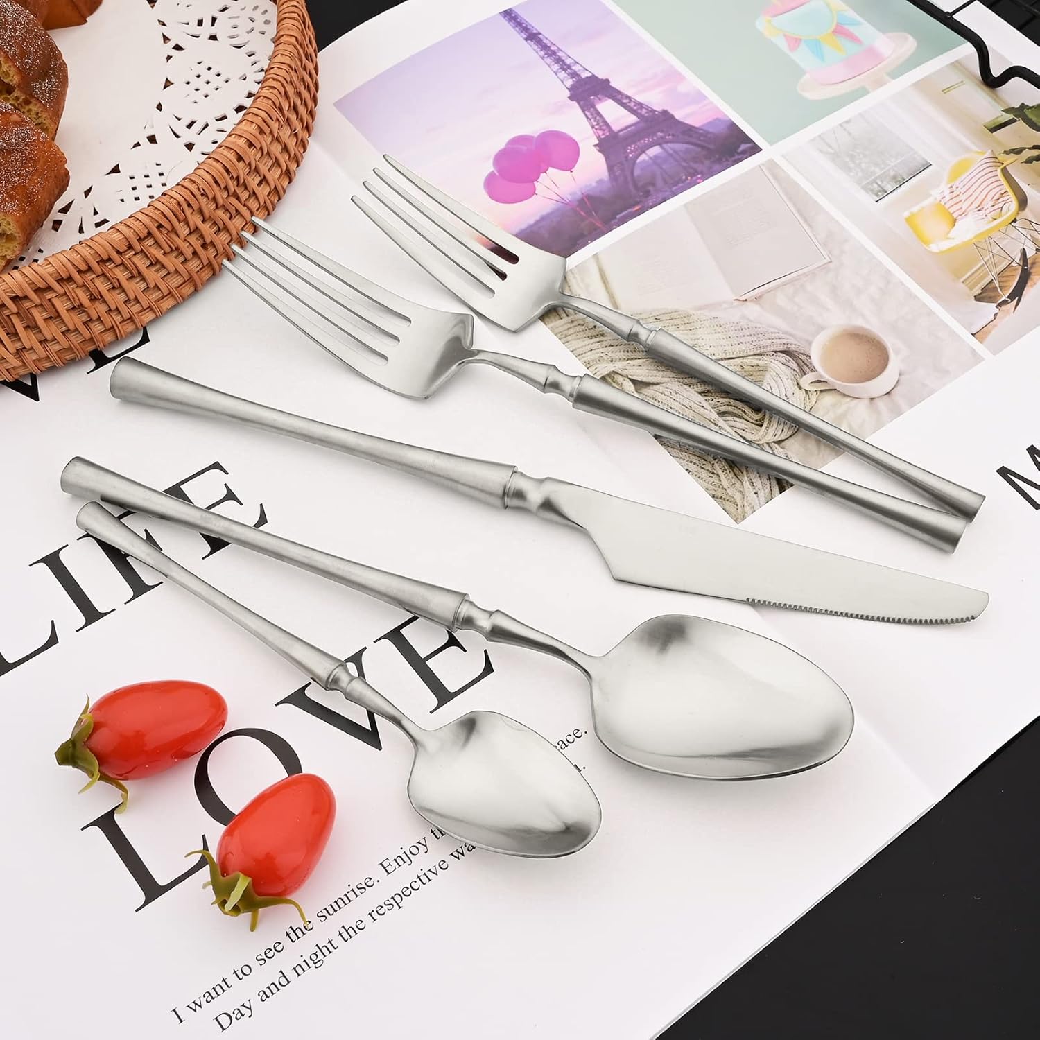 JASHII 20pcs Satin Finish Silverware Set, 304 Stainless Steel Flatware Cutlery Set, Service for 4,Dessert Forks Teaspoon Set Cute Retro for Home Kitchen, Dishwasher Safe - Matte Silver