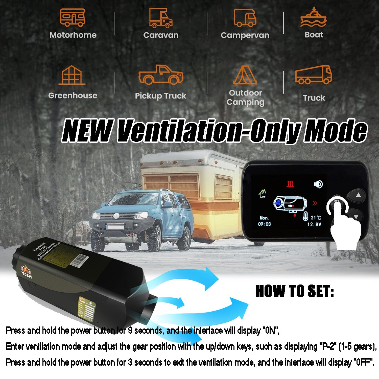 YCSH Calefaccion estacionaria diesel 5kw 12v ch22 v3, Calefaccion homologable ITV de Aire diésel de Bluetooth 12V con Bomba de Aceite silenciosa, Altitud Disponible 5,000 m, Nuevo Modo de ventilación