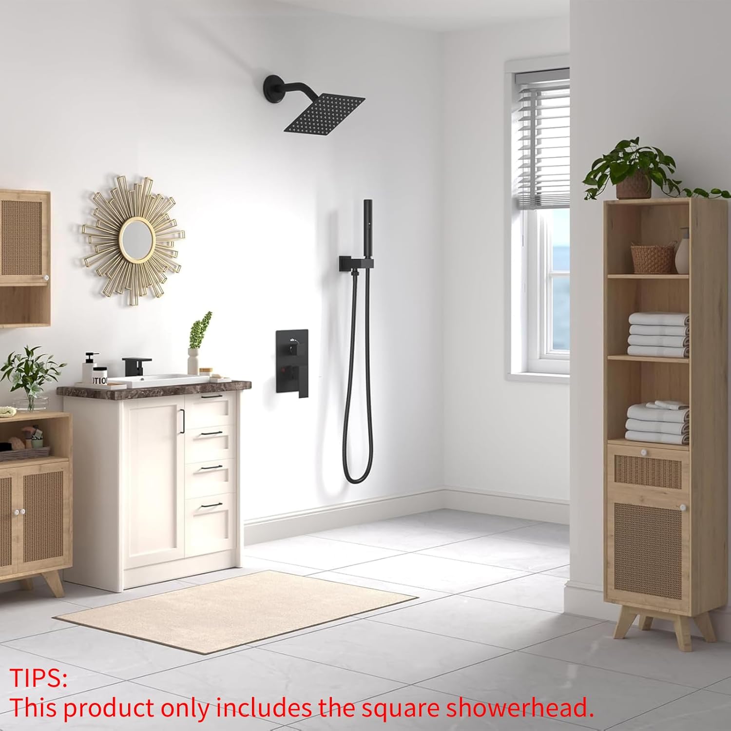 besy 8 inch rain shower head, 8" square rainfall & high pressure stainless steel bath showerhead, 1/16" ultra thin, waterfall full body coverage with silicone nozzle, matte black finish 8 inch black