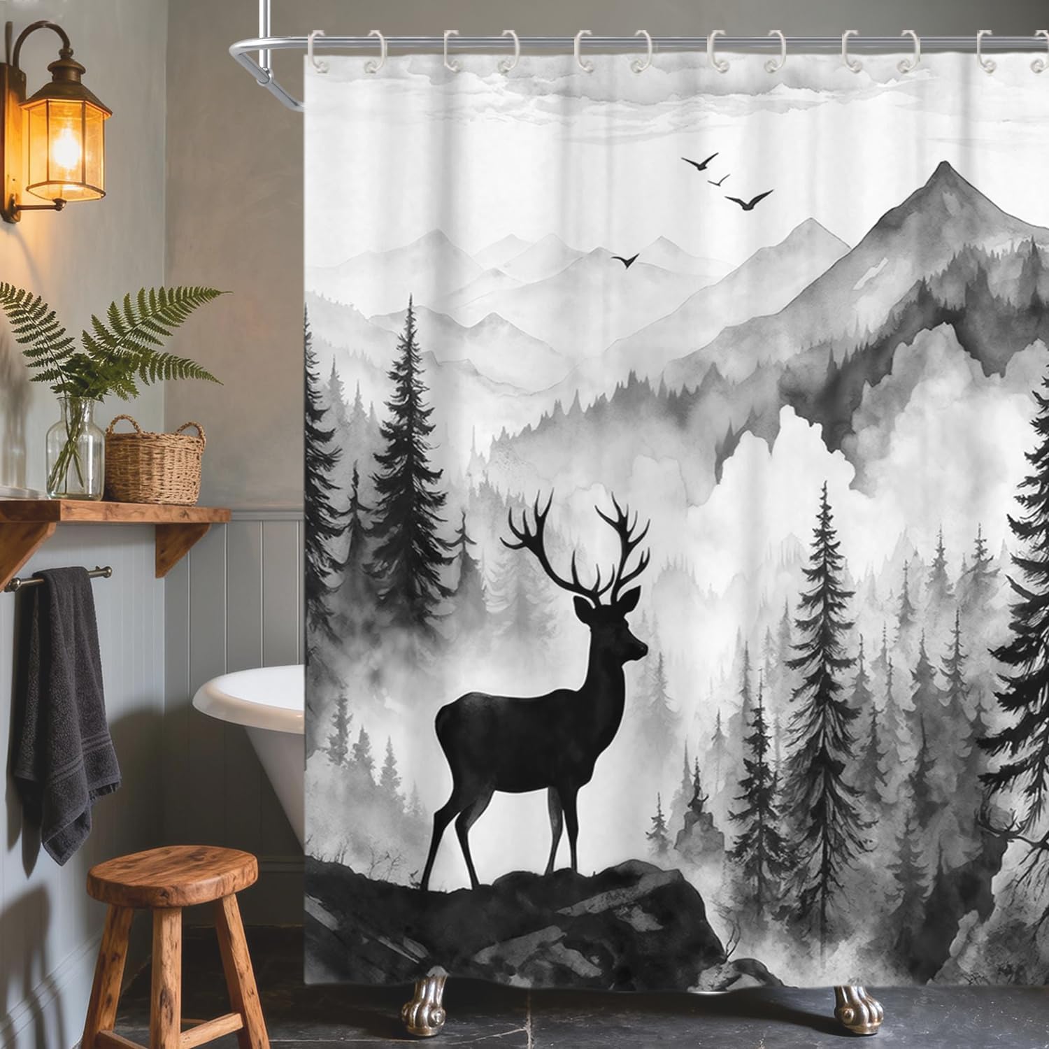 Black and White Misty Forest Deer Shower Curtain, Nature Mountain Landscape Modern Bathroom Decor, Waterproof Fabric Woodland Animal Shower Curtain Set Rustic Cabin Style with Hooks, 72x75