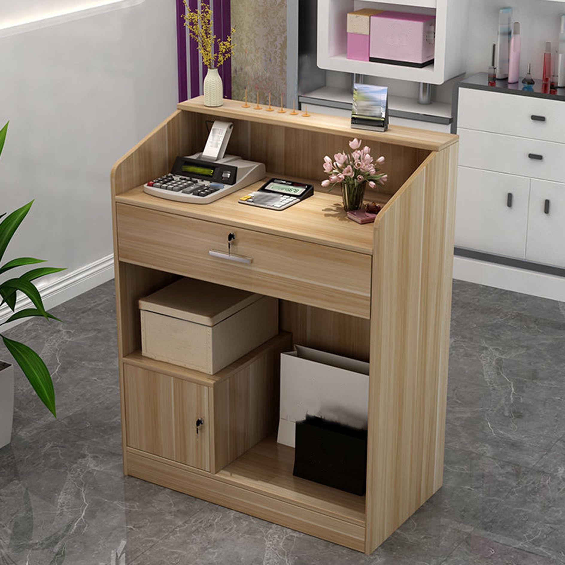Bancone Reception,Tavolo per Reception Moderno,Scrivania per Receptionist,Postazioni di lavoro per computer,Banco Cassa per Negozio,Scrivania Podio,per Ristorante,Ufficio,Salone,Hall(Light walnut,60X4